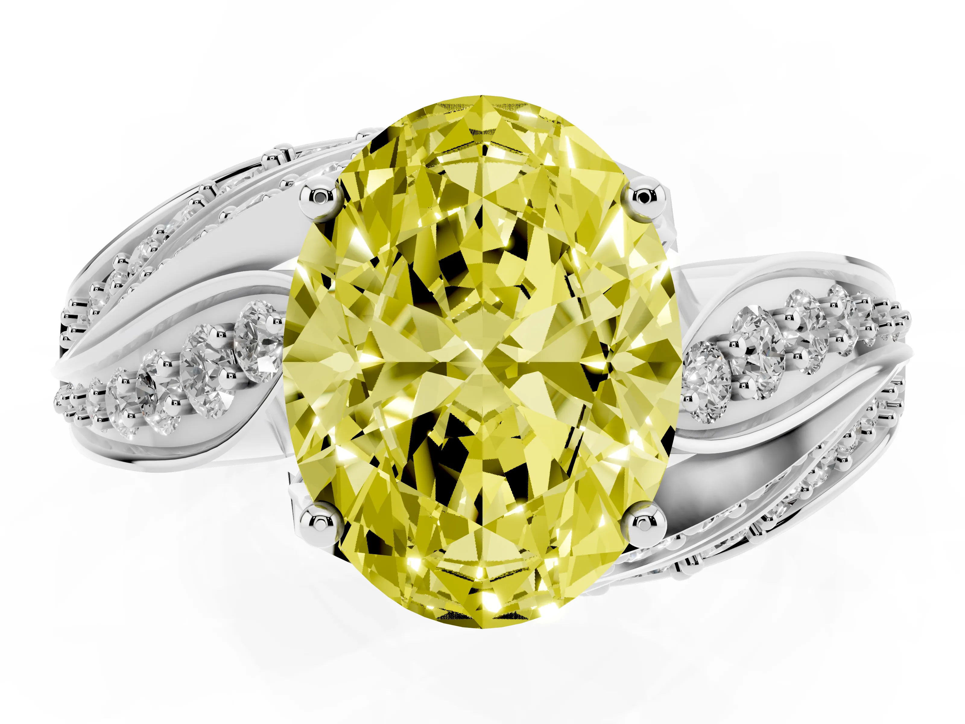 Fancy Yellow Oval Cut Diamond Solitaire Ring Set in Platinum with Layered Twist Pavé Band