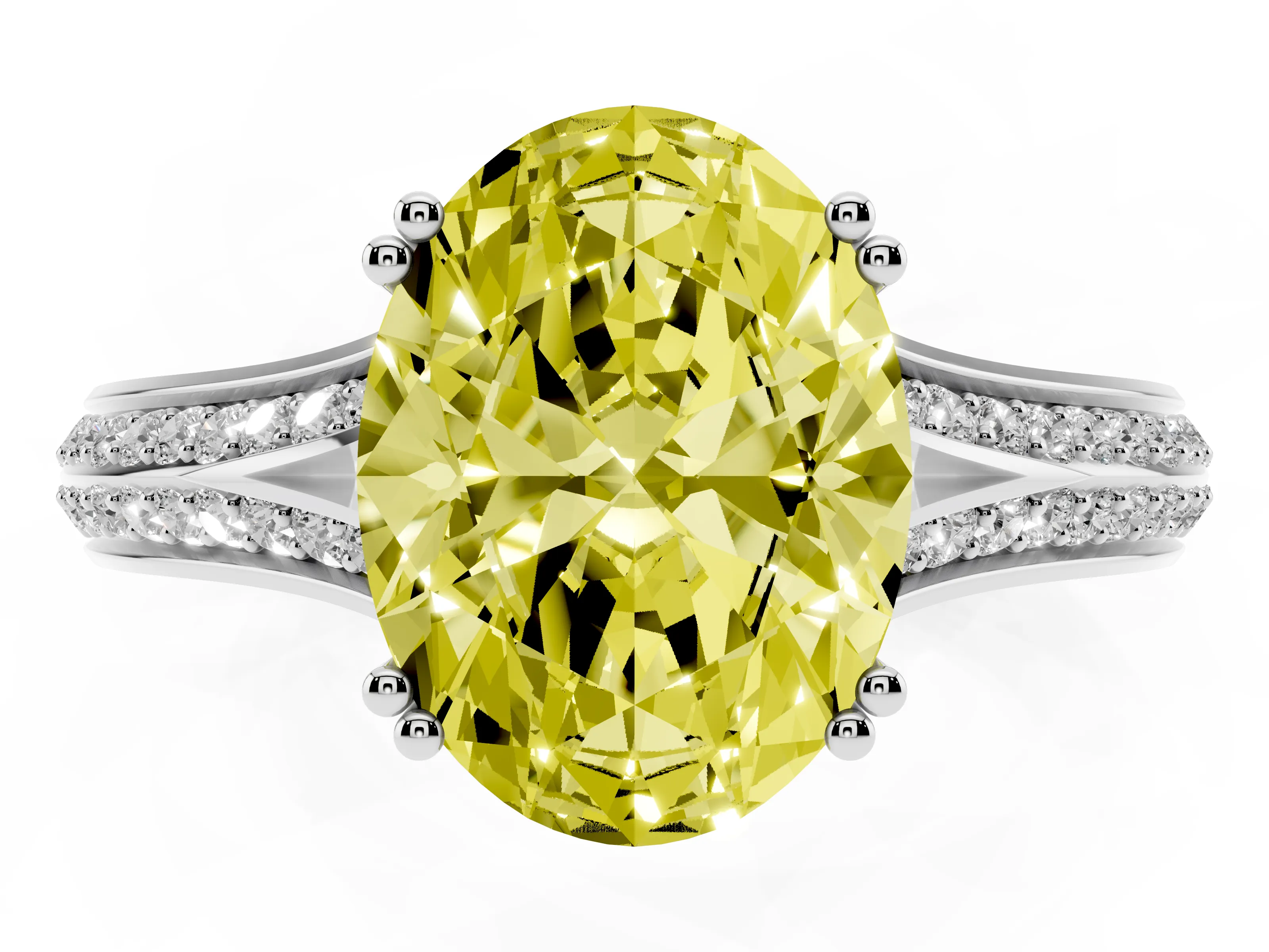 Fancy Yellow Oval Cut Diamond Split Shank Pavé Engagement Ring Set in Silver with Prong-Set Center Stone