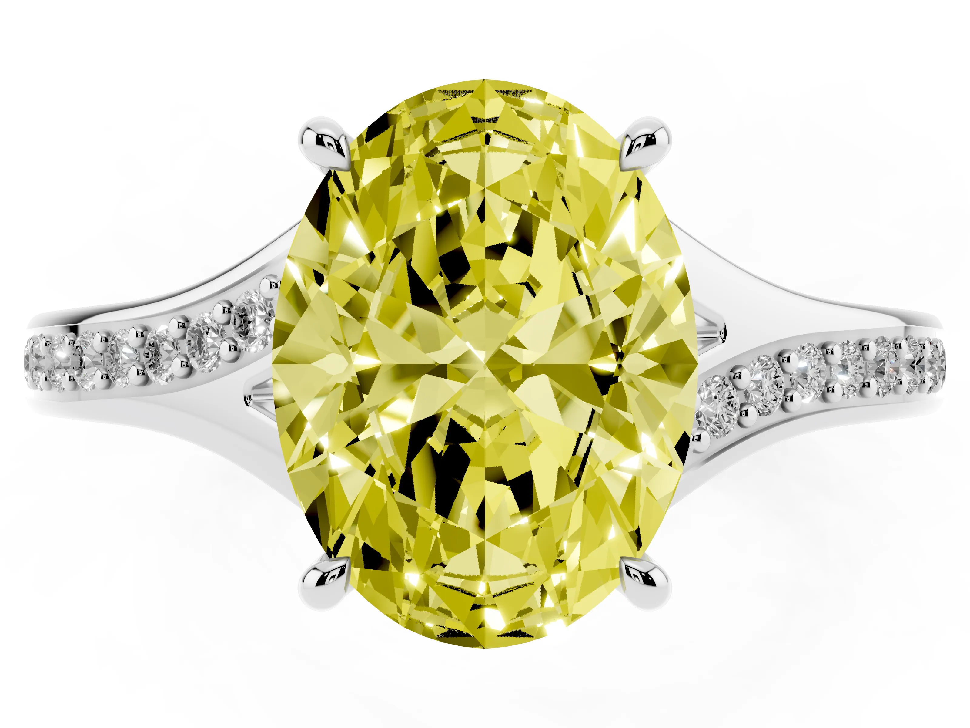 Fancy Yellow Oval Cut Diamond Solitaire Ring Set in White gold with Pavé Accent Band and Classic Prong Setting
