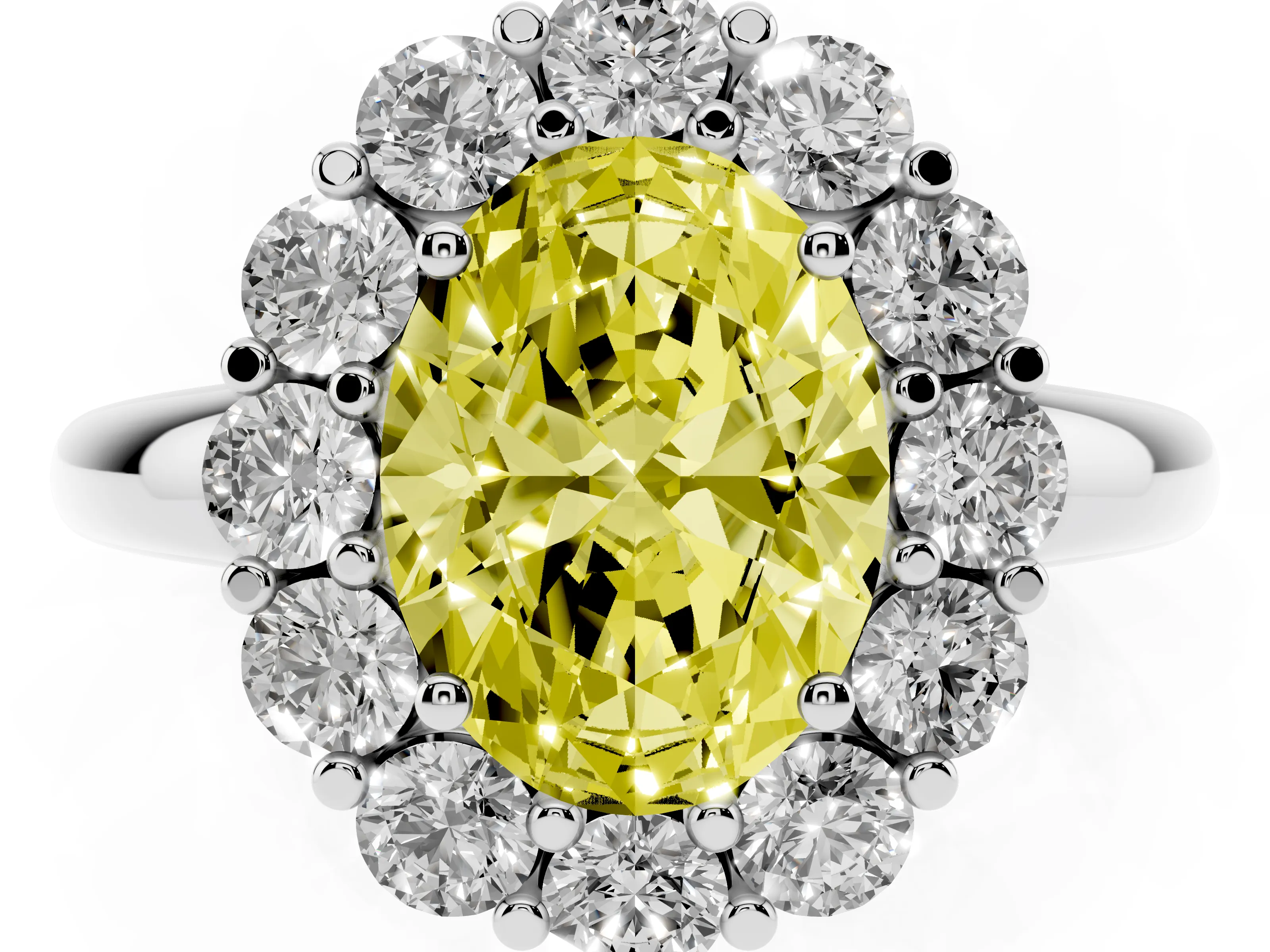 Fancy Yellow Oval Cut Diamond Halo Cluster Engagement Ring Set in Silver with Polished Band and Prong Setting