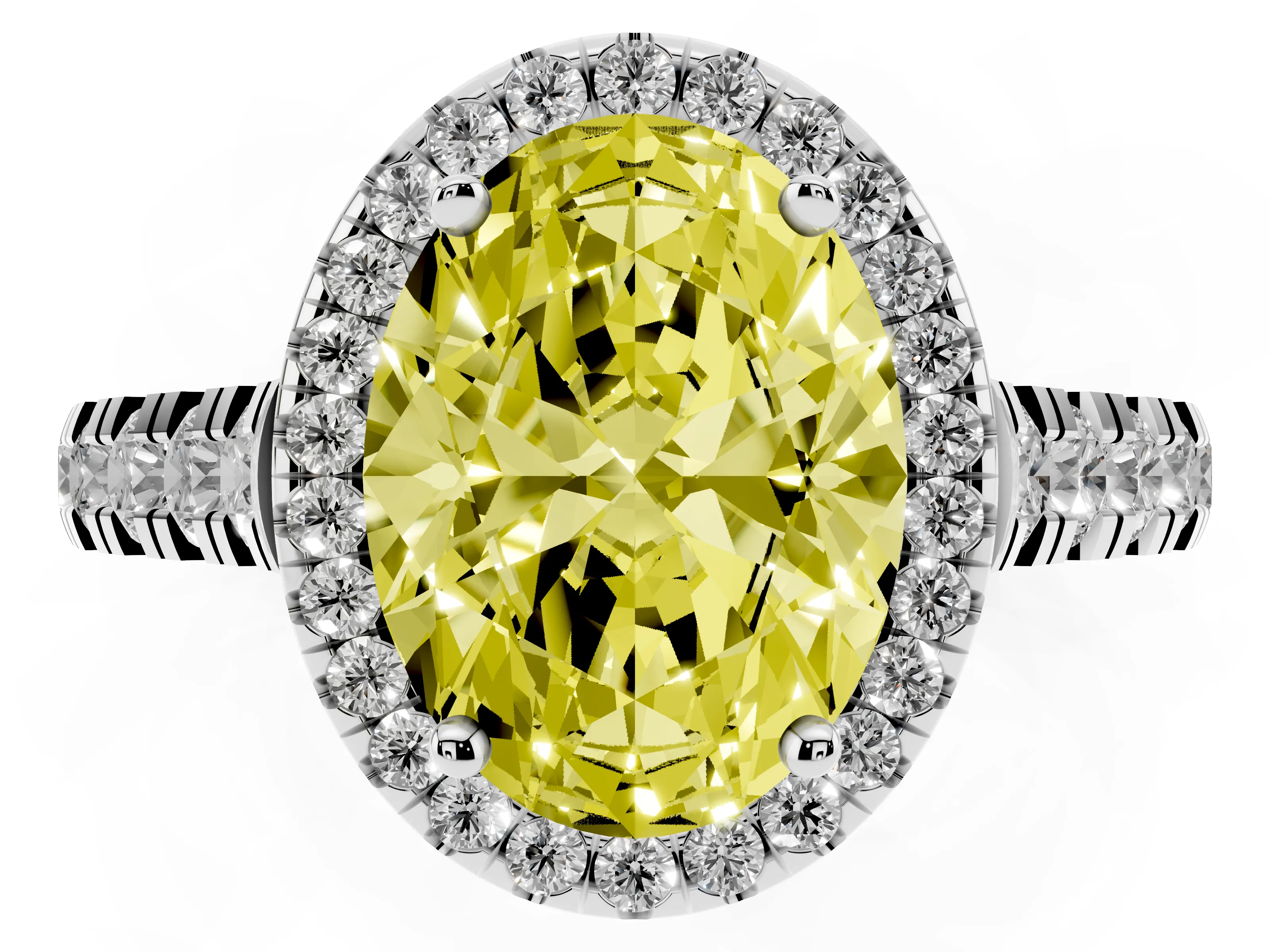 Fancy Yellow Oval Cut Diamond Halo Engagement Ring Set in Silver with Pavé Band and Prong-Set Center