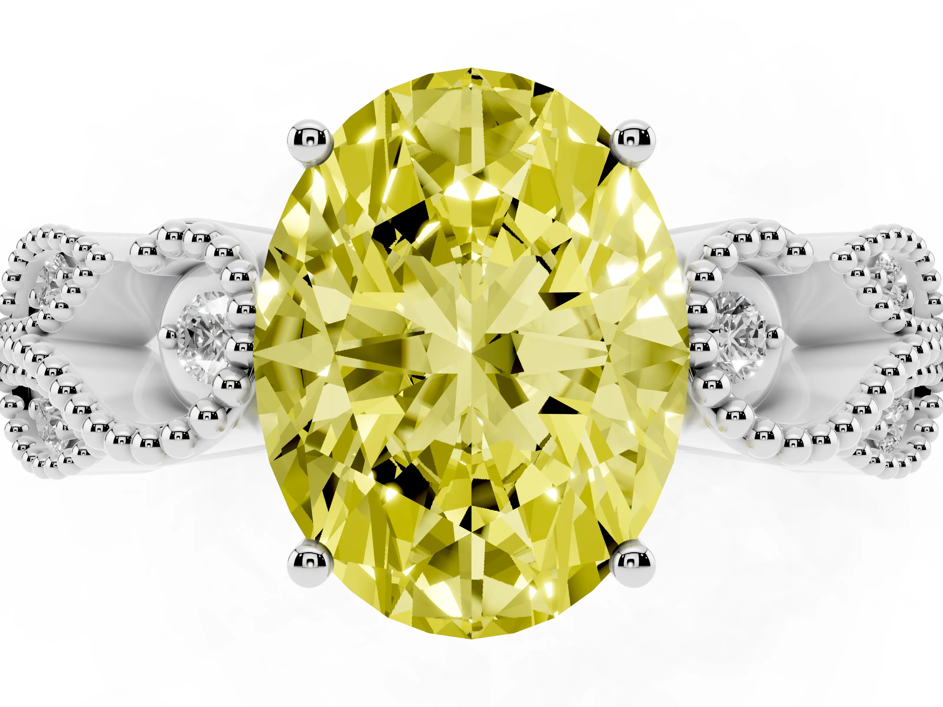 Fancy Yellow Oval Cut Diamond Milgrain Leaf Band Solitaire Ring Set in White gold with Accent Stones and Prong Setting