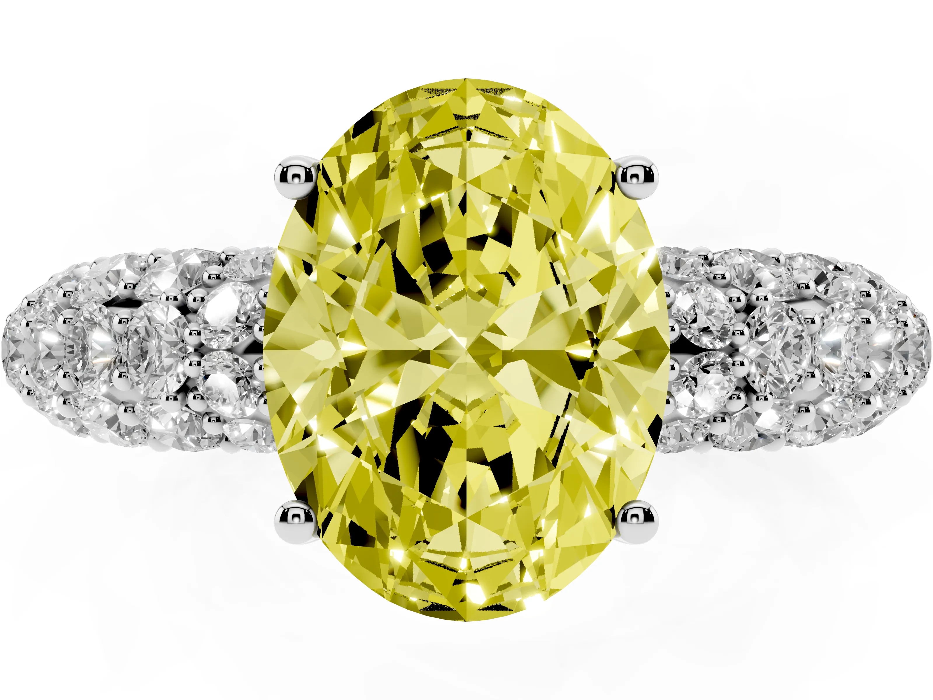Fancy Yellow Oval Cut Diamond Pavé Band Solitaire Ring Set in White gold with Close-Set Accent Stones and Prong Setting