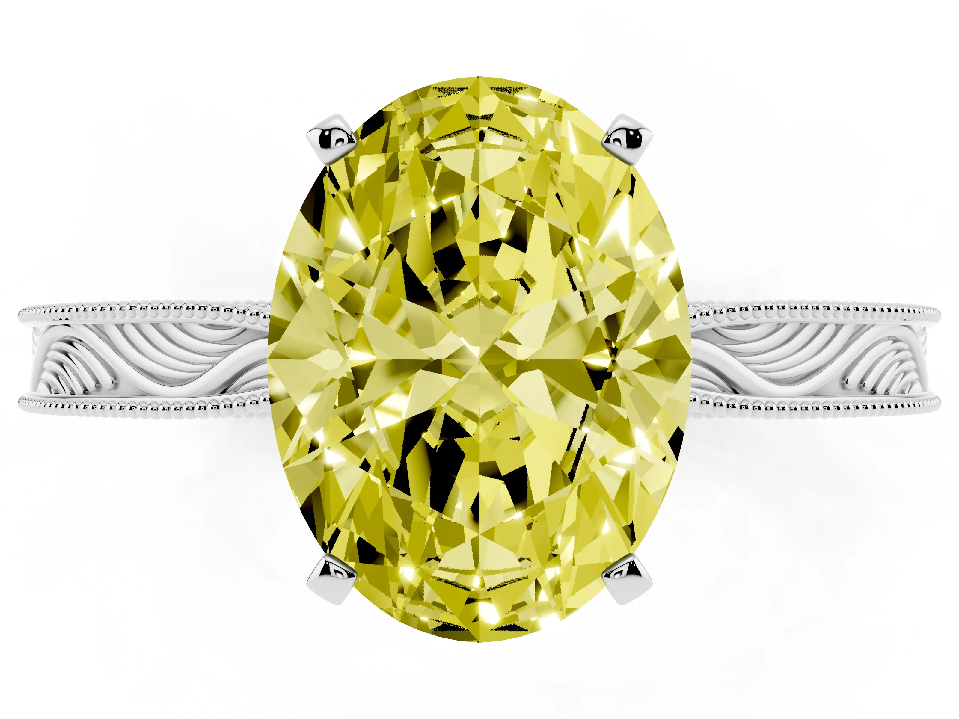 Fancy Yellow Oval Cut Diamond Solitaire Milgrain Engraved Band Set in White gold with Prong Setting