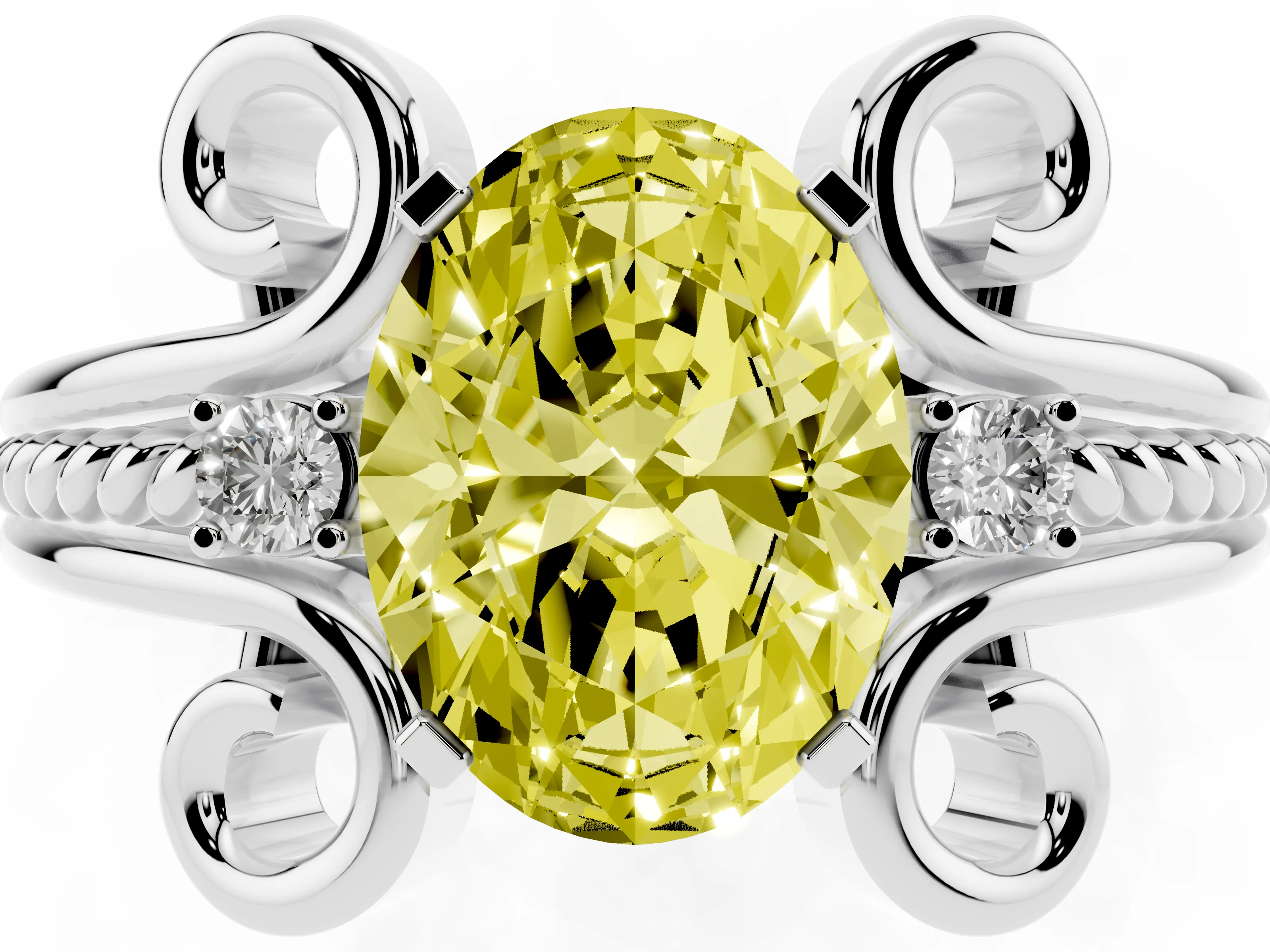 Fancy Yellow Oval Cut Diamond Twisted Band Solitaire Ring Set in Platinum with Scroll Prongs