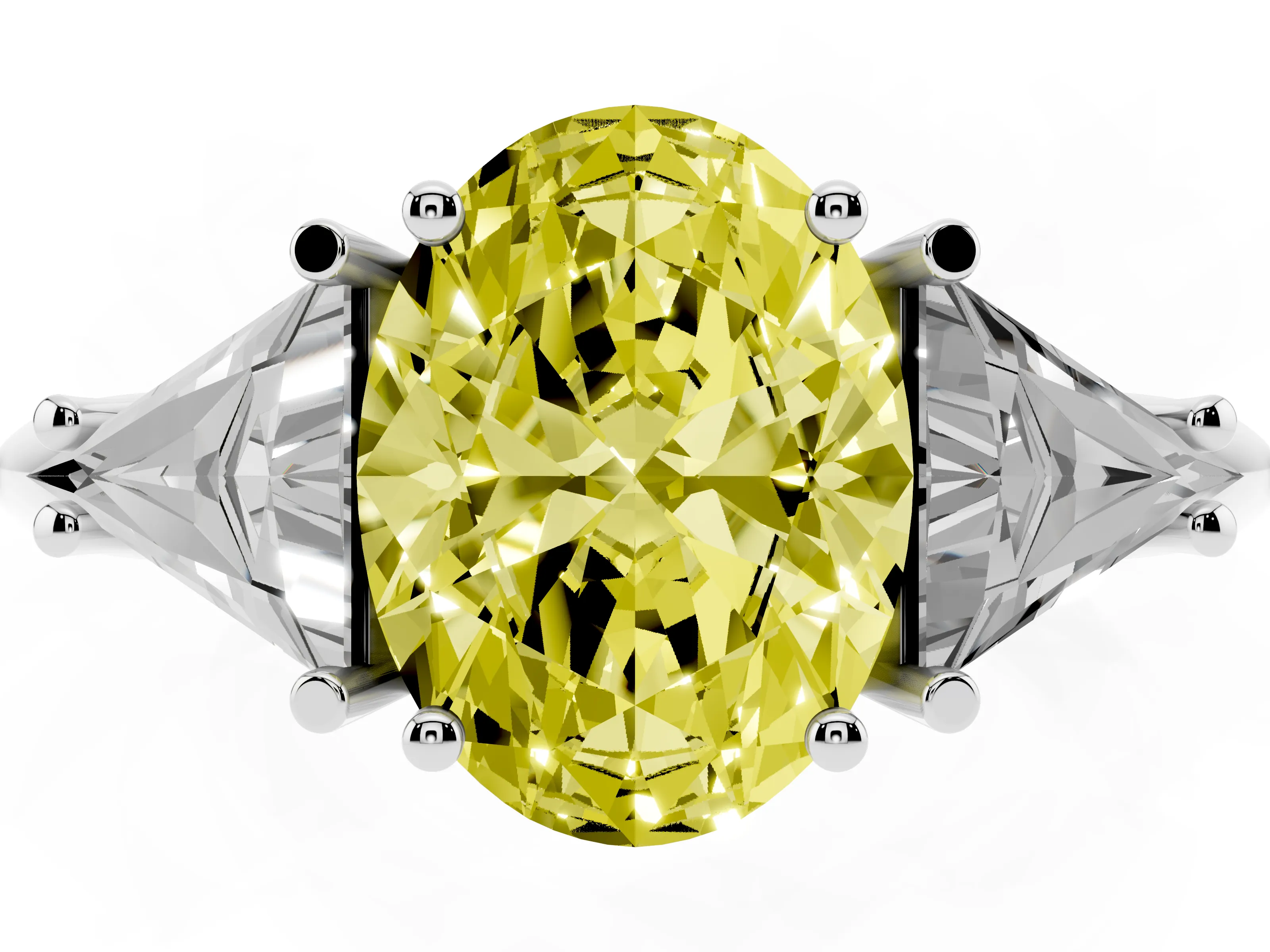 Fancy Yellow Oval Cut Diamond Three-Stone Engagement Ring Set in Platinum with Trillion Side Stones