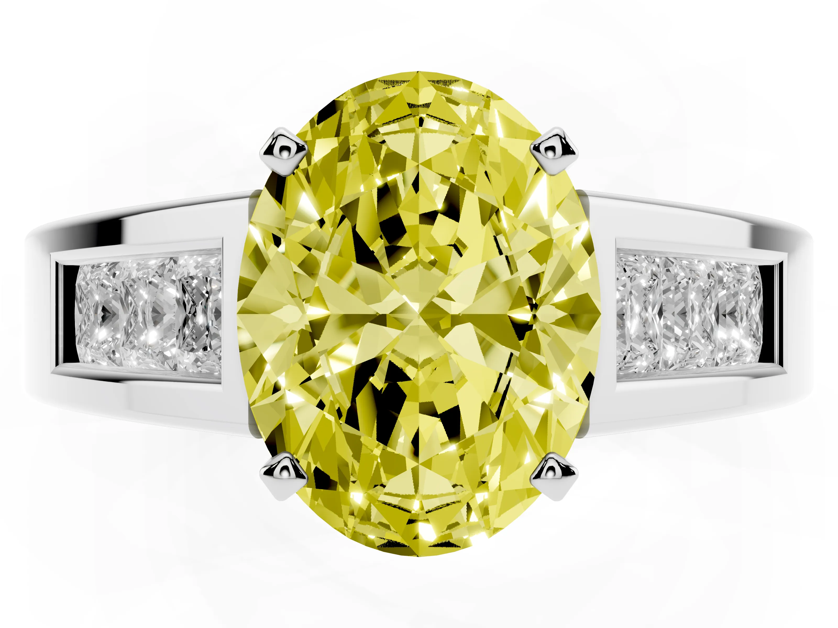 Fancy Yellow Oval Cut Diamond Solitaire Ring Set in Silver with Channel-Set Accent Stones and Prong Setting