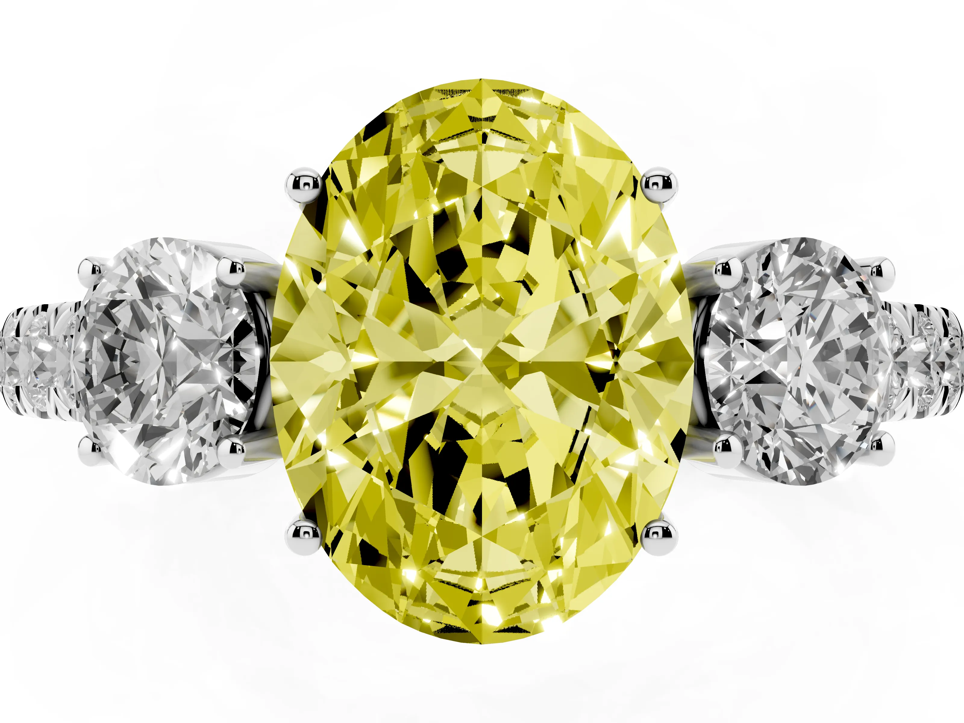 Fancy Yellow Oval Cut Diamond Three-Stone Ring Set in Silver with Round Side Stones and Delicate Pavé Band