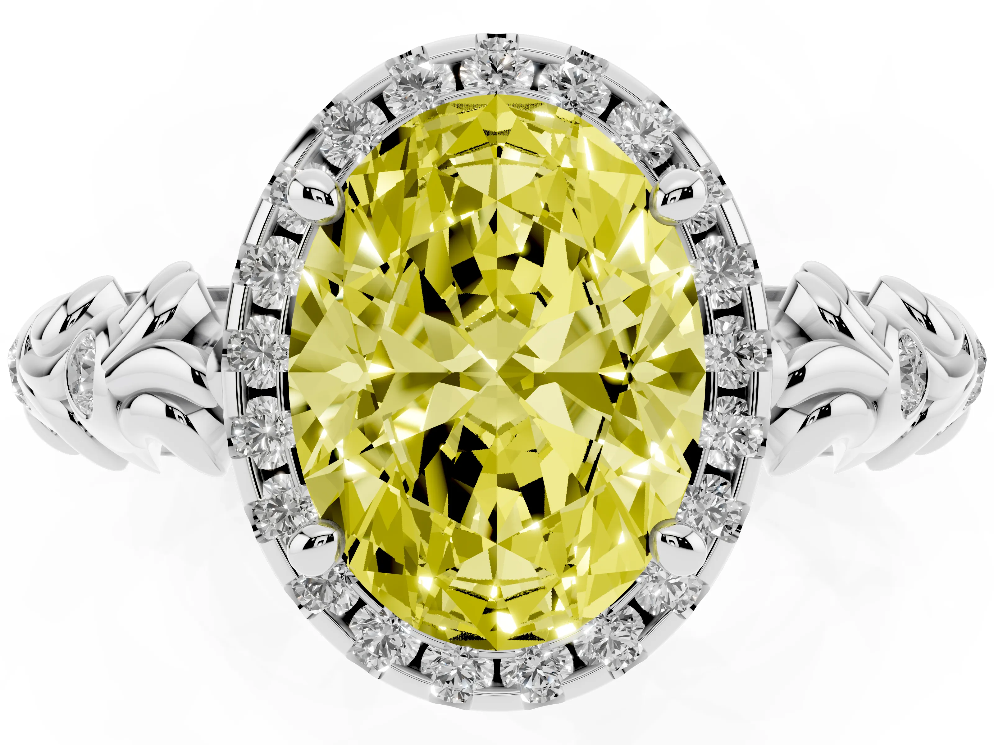 Fancy Yellow Oval Cut Diamond Halo Ring Set in Silver with Filigree Leaf Band and Prong Setting