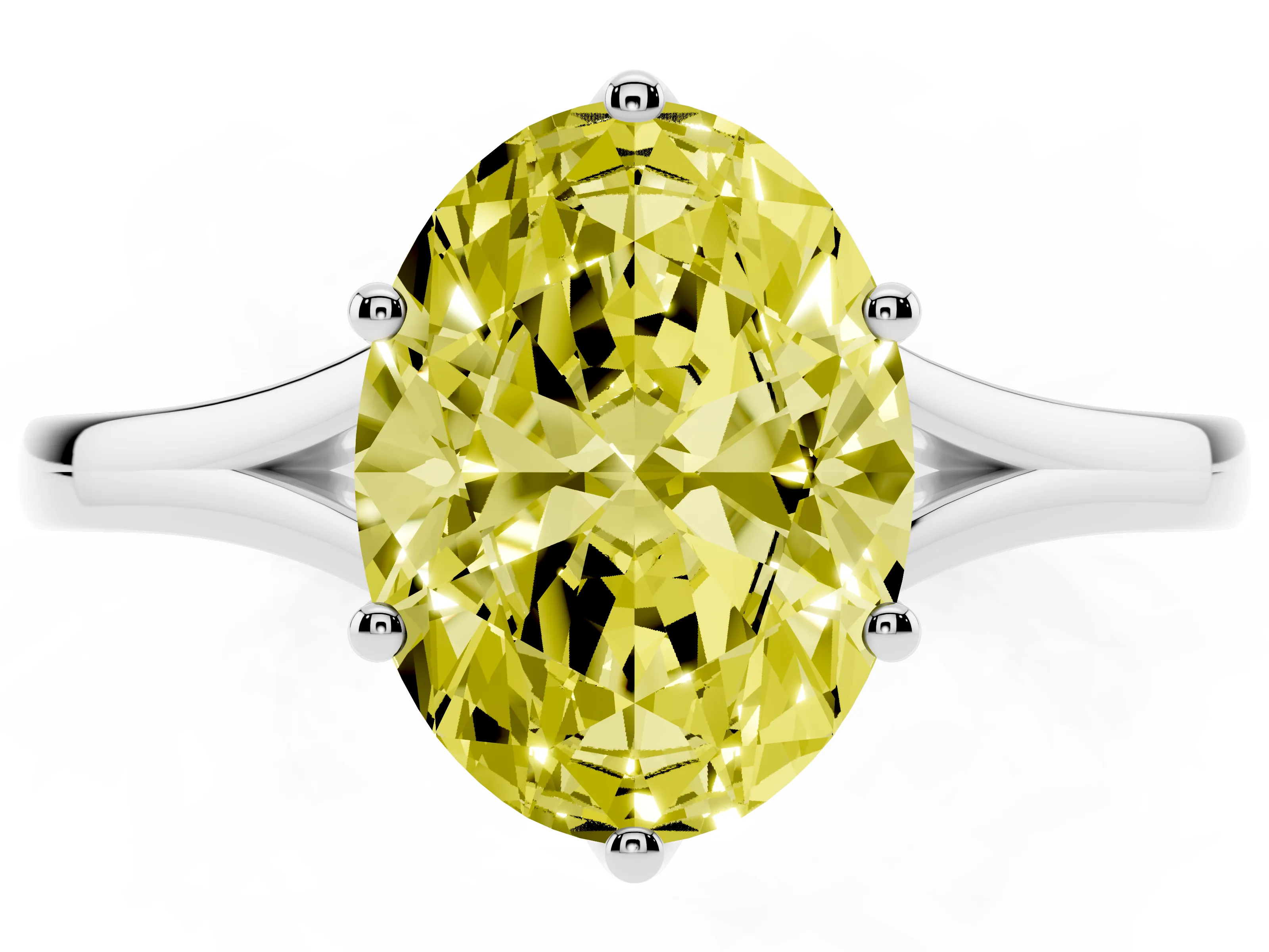 Fancy Yellow Oval Cut Diamond Solitaire Ring Set in Silver with Polished Tapered Band and Prong Setting