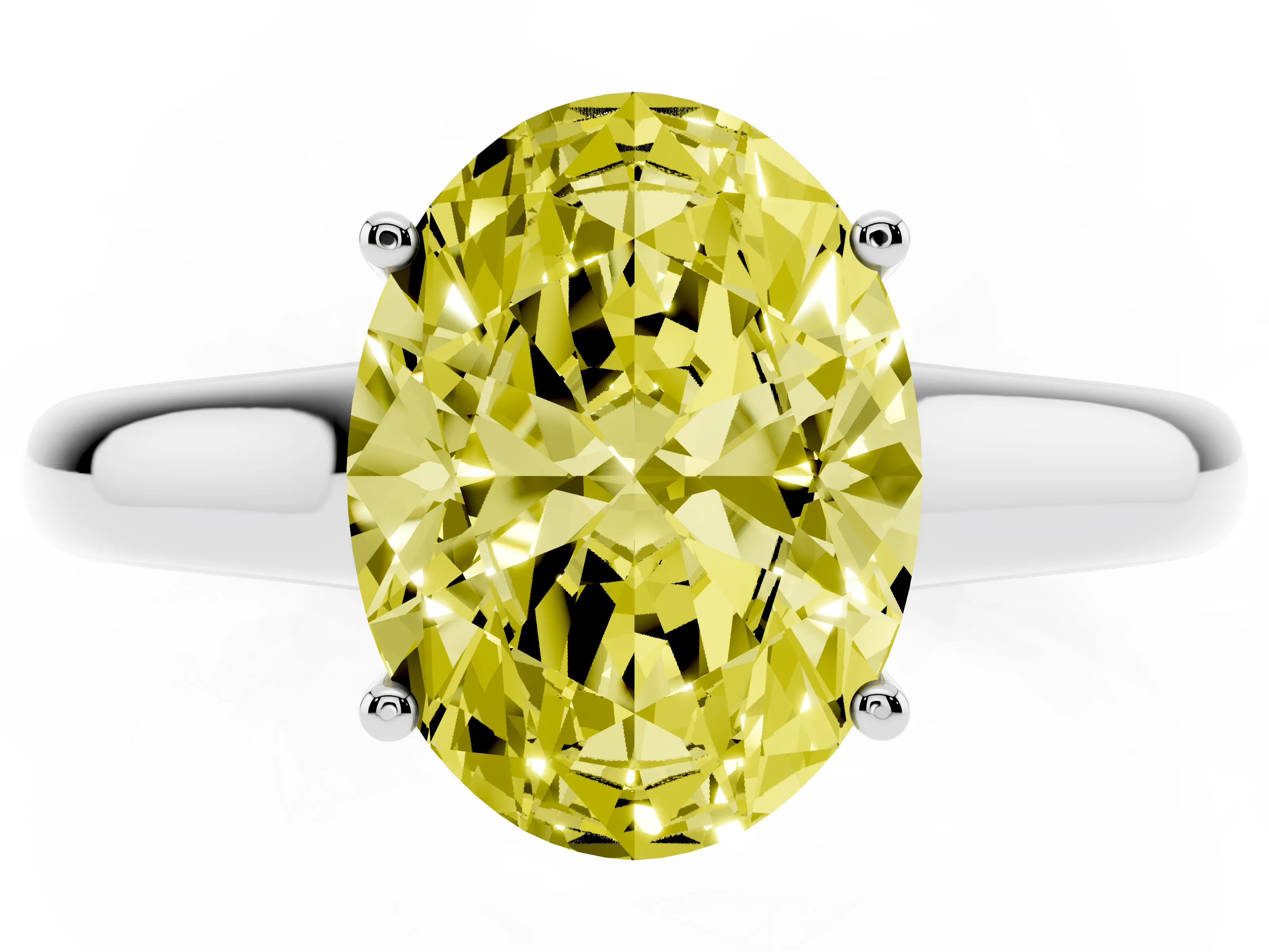 Fancy Yellow Oval Cut Diamond Solitaire Engagement Ring Set in White gold with Subtly Tapered Band and Prong Setting