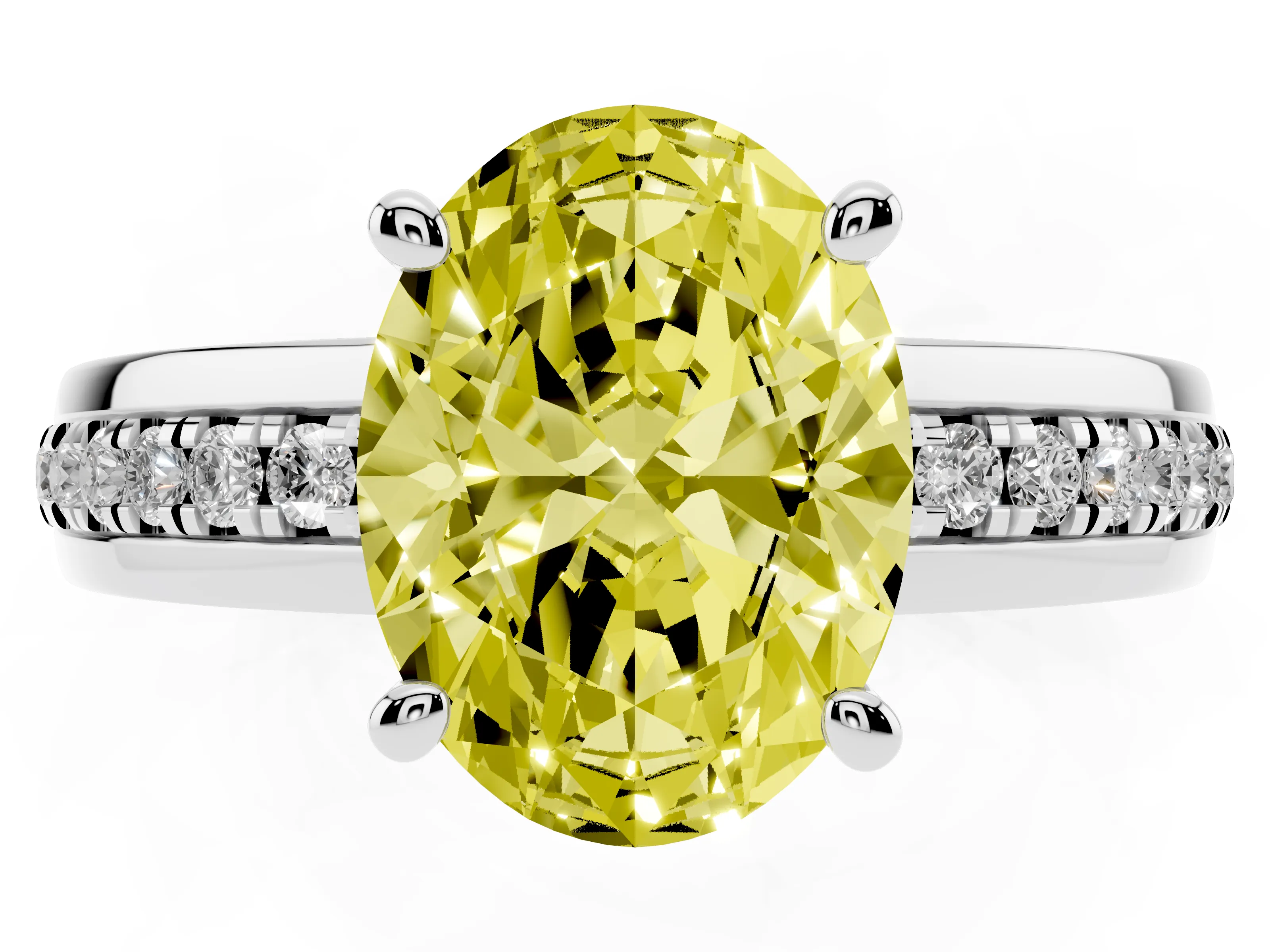 Fancy Yellow Oval Cut Diamond Solitaire Ring Set in Silver with Channel Set Band and Prong Setting