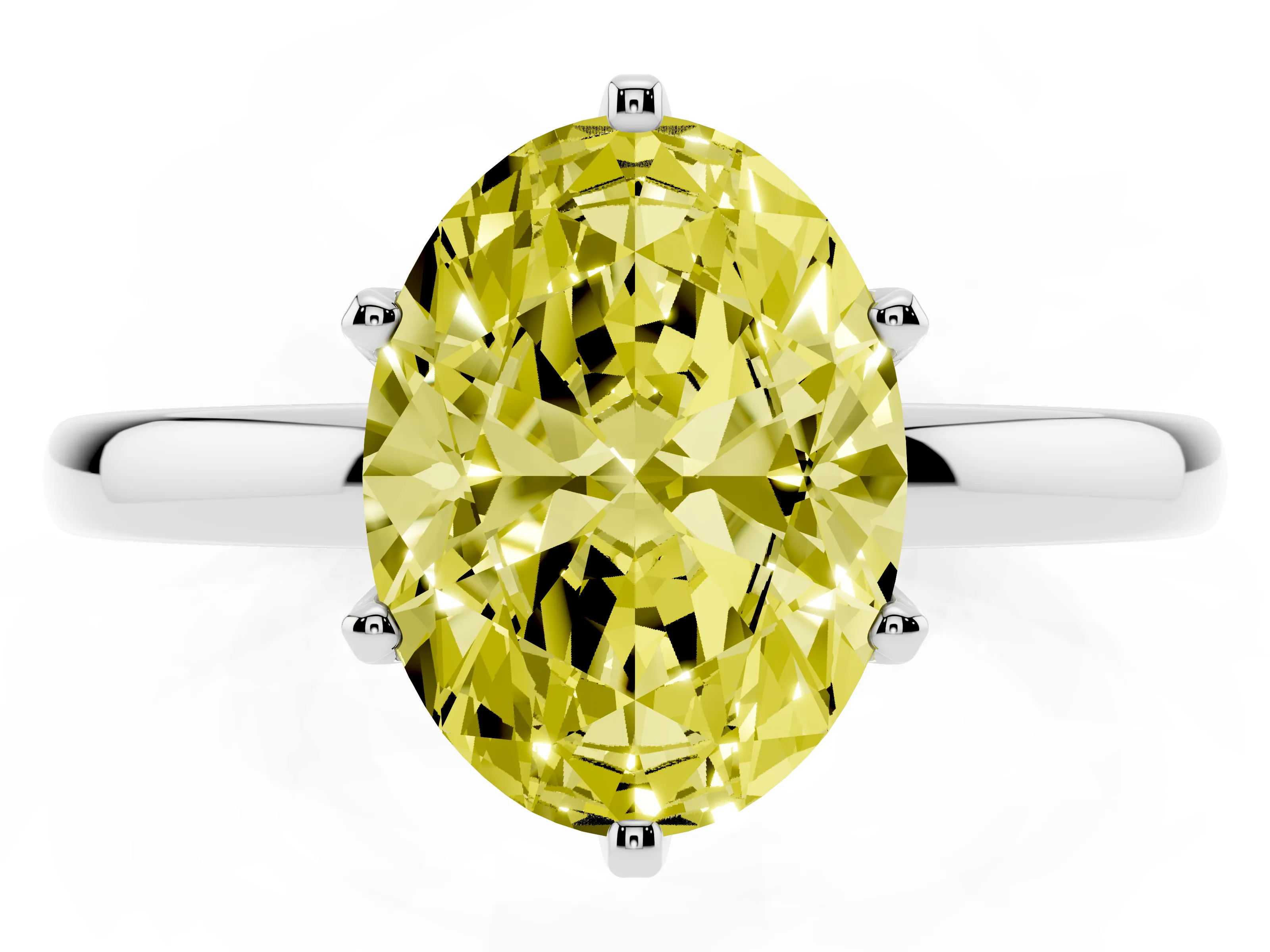 Fancy Yellow Oval Cut Diamond Solitaire Ring Set in White gold with Raised Prong Setting on a Classic Band