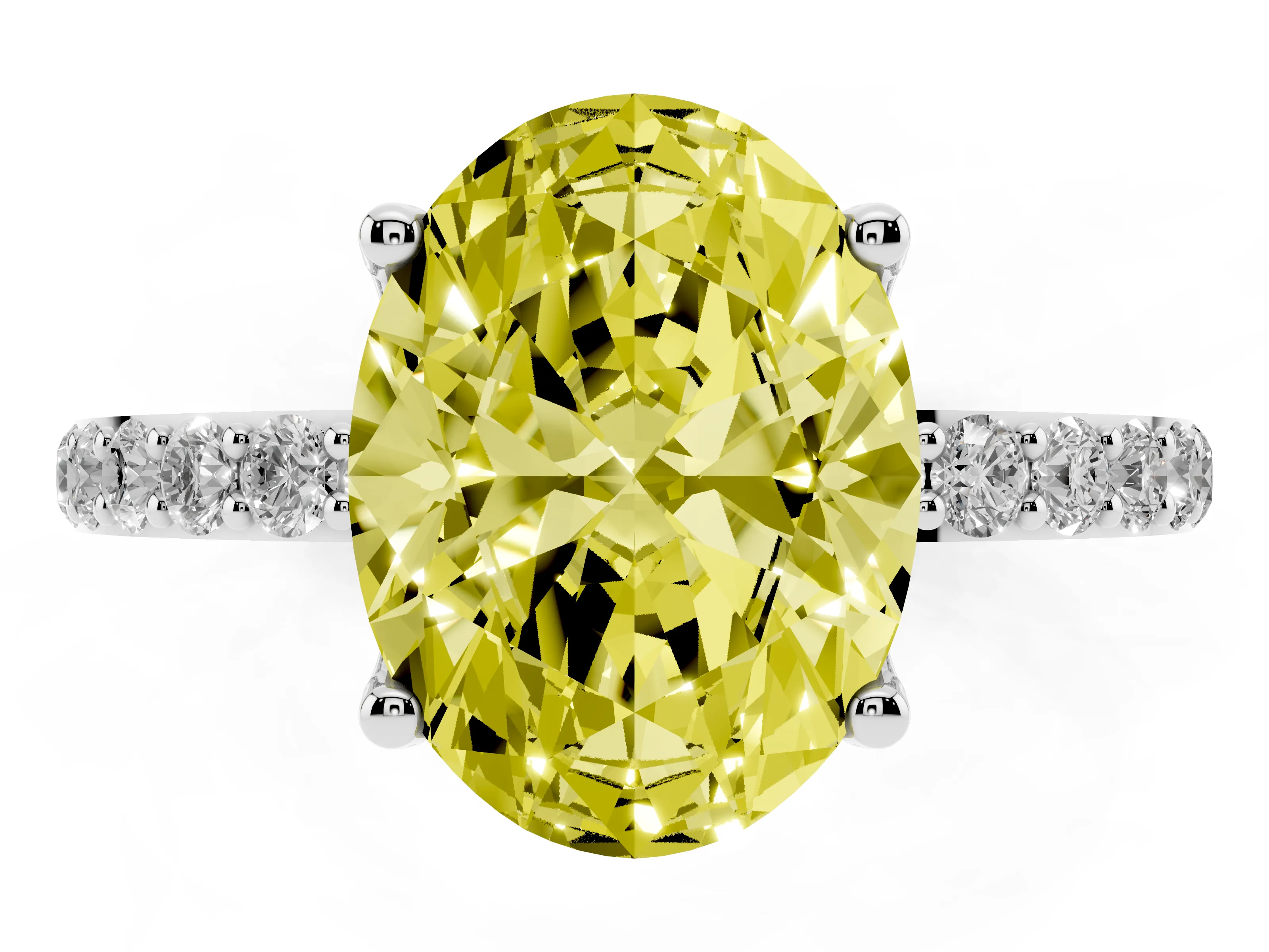 Fancy Yellow Oval Cut Diamond Solitaire Engagement Ring Set in Platinum with Round Pavé Band and Prong Setting