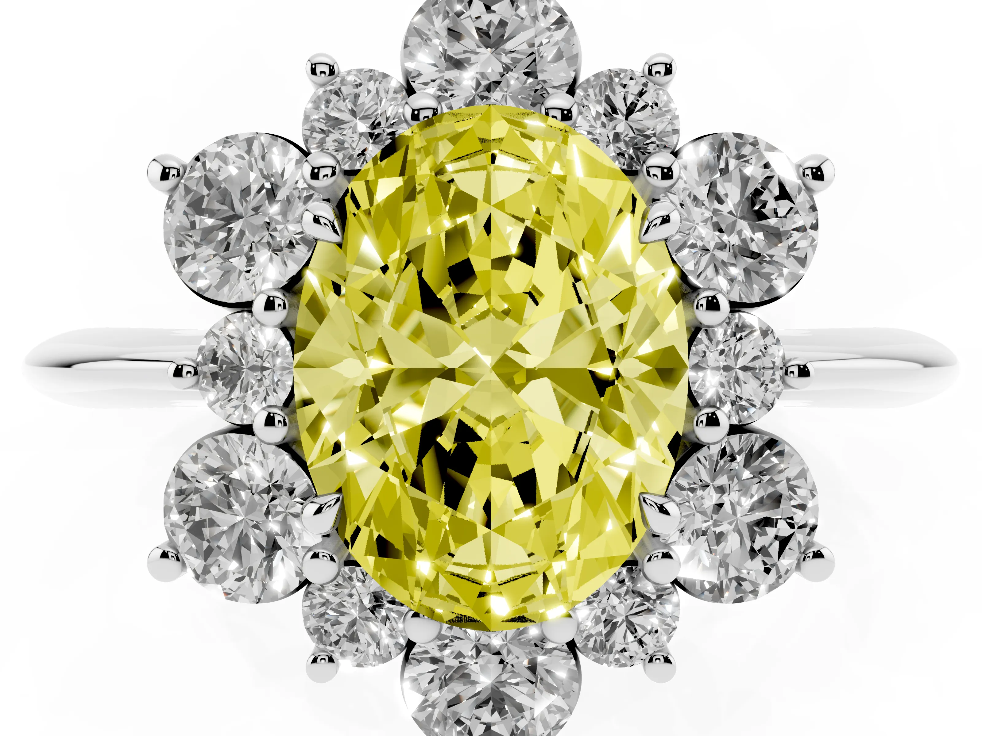 Fancy Yellow Oval Cut Diamond Cluster Halo Ring Set in Silver with Solitaire Band and Prong Setting