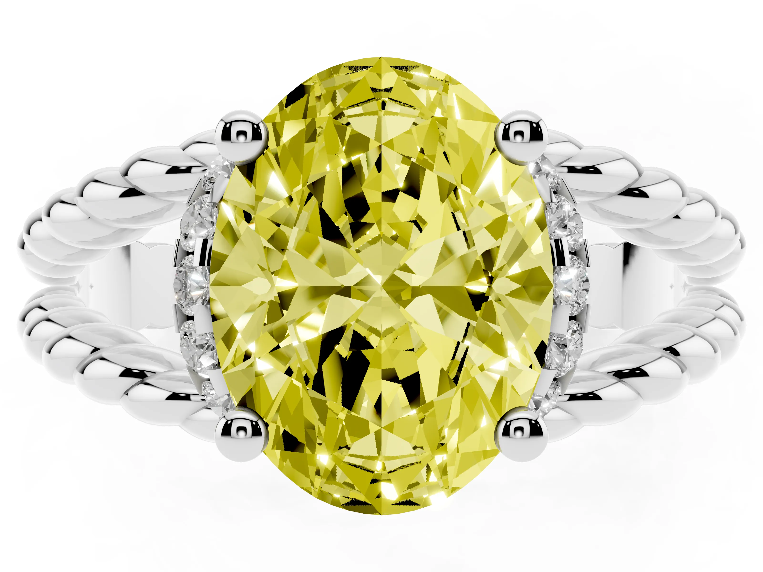 Fancy Yellow Oval Cut Diamond Halo Ring Set in Platinum with Twisted Band and Prong Setting