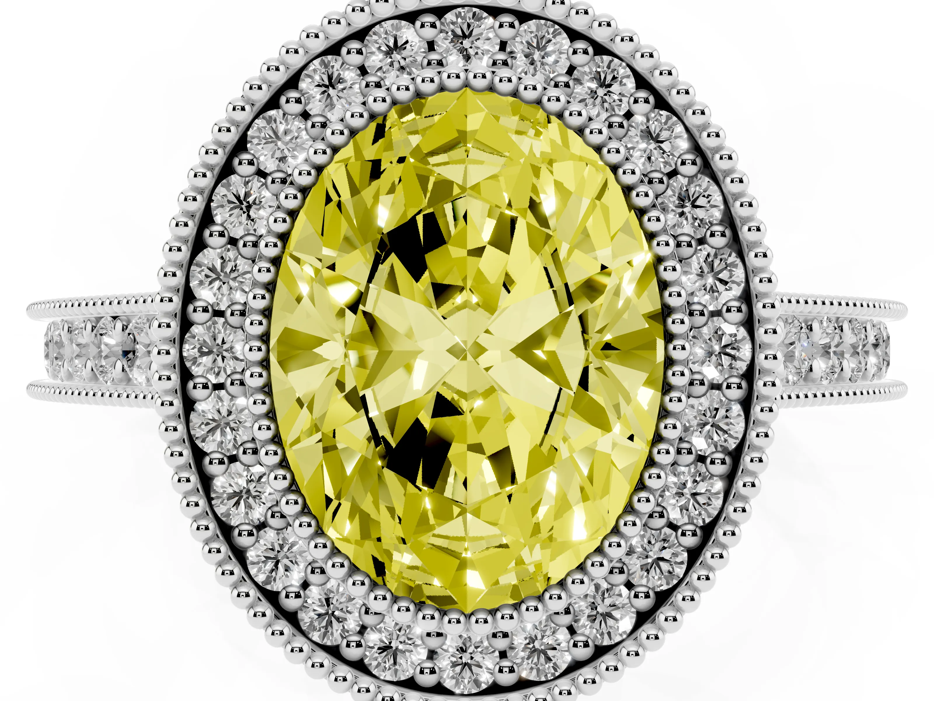 Fancy Yellow Oval Cut Diamond Halo Milgrain Pavé Band Ring Set in Silver with Prong Setting