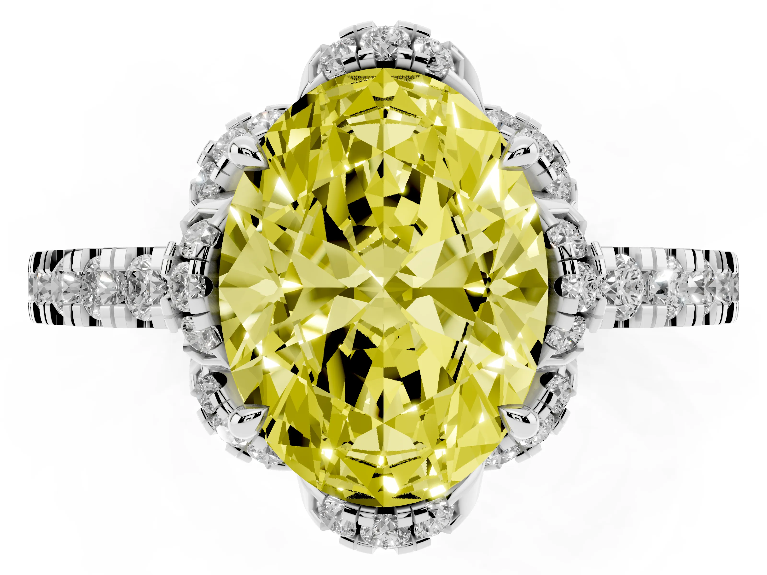 Fancy Yellow Oval Cut Diamond Halo Pavé Band Ring Set in White gold with Prong-Held Center