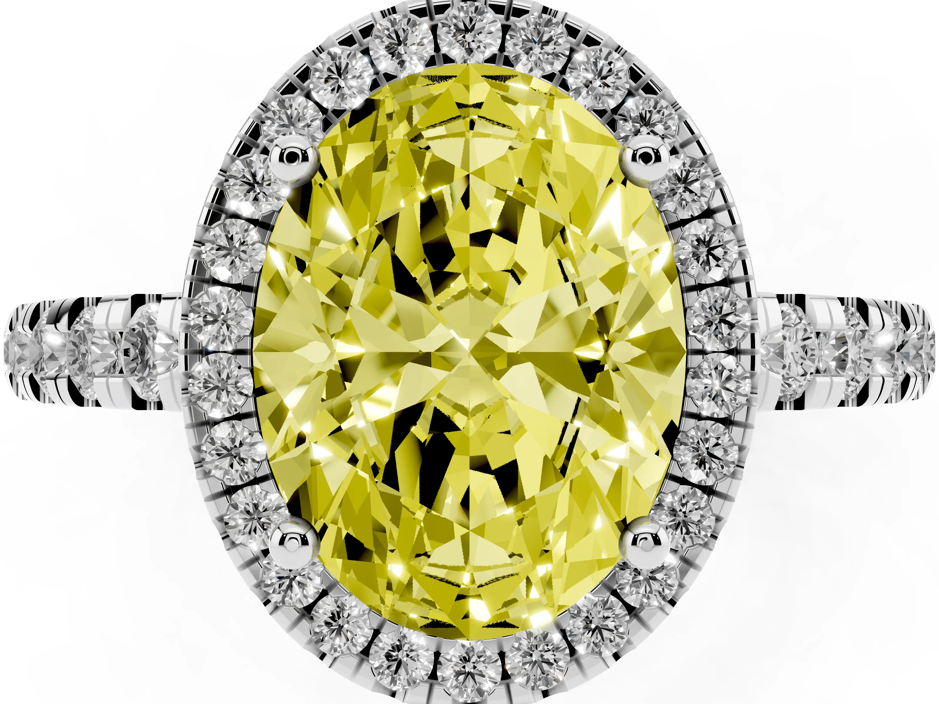 Fancy Yellow Oval Cut Diamond Halo Ring Set in Platinum with Delicate Pavé Band and Prong Setting