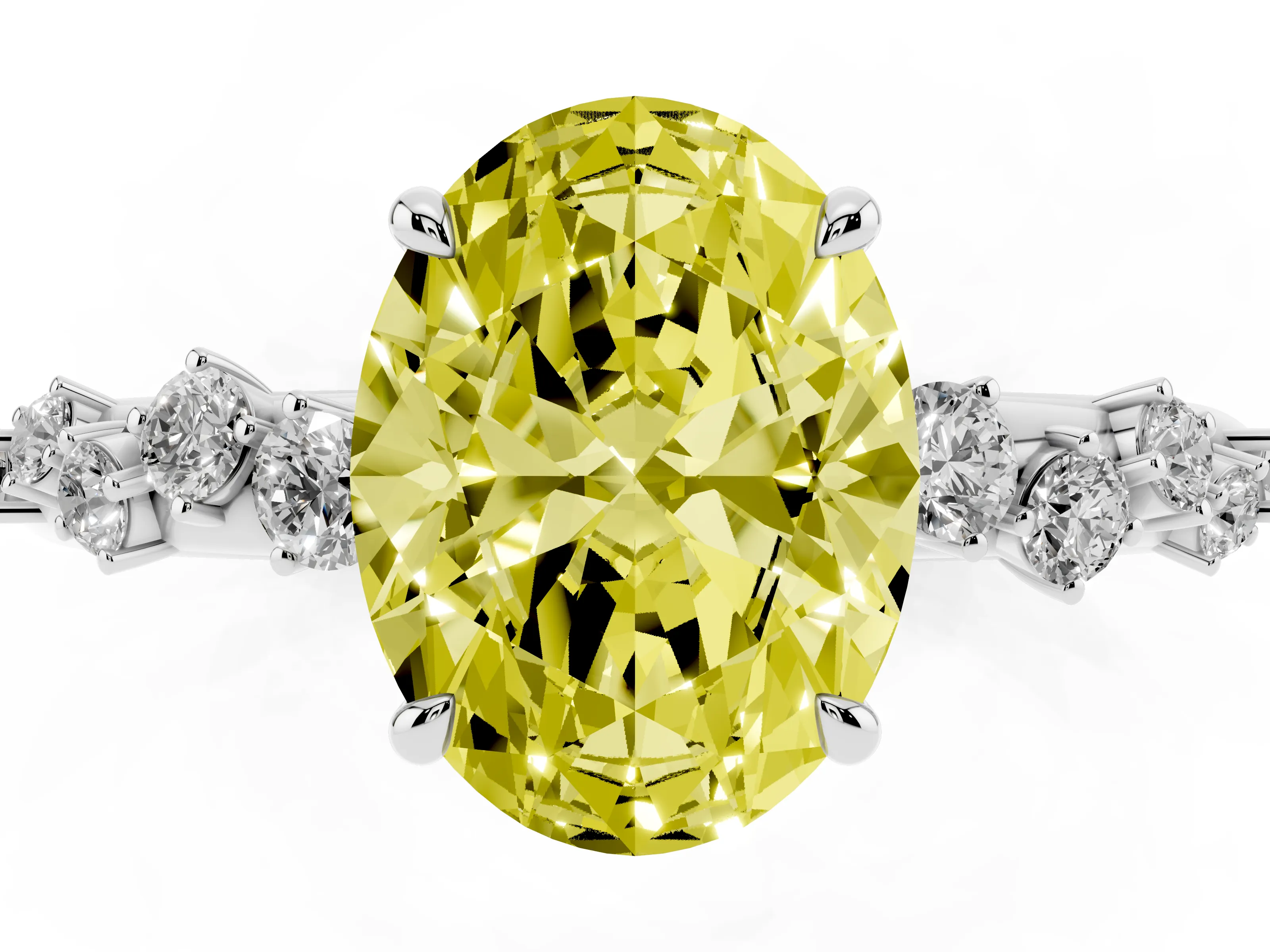 Fancy Yellow Oval Cut Diamond Cluster Solitaire Ring Set in Platinum with Prong Setting