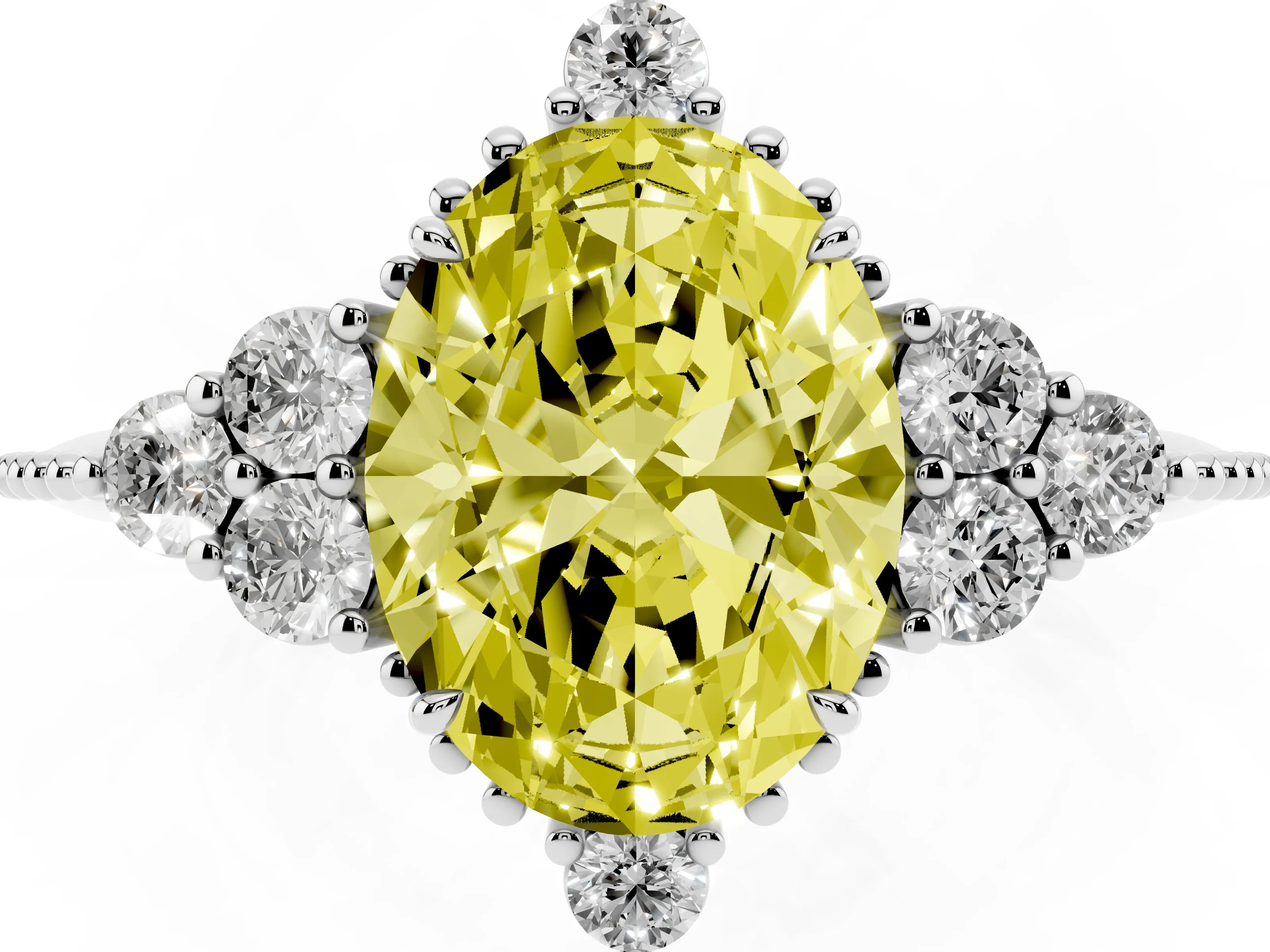 Fancy Yellow Oval Cut Diamond Cluster Ring Set in Silver with Beaded Band