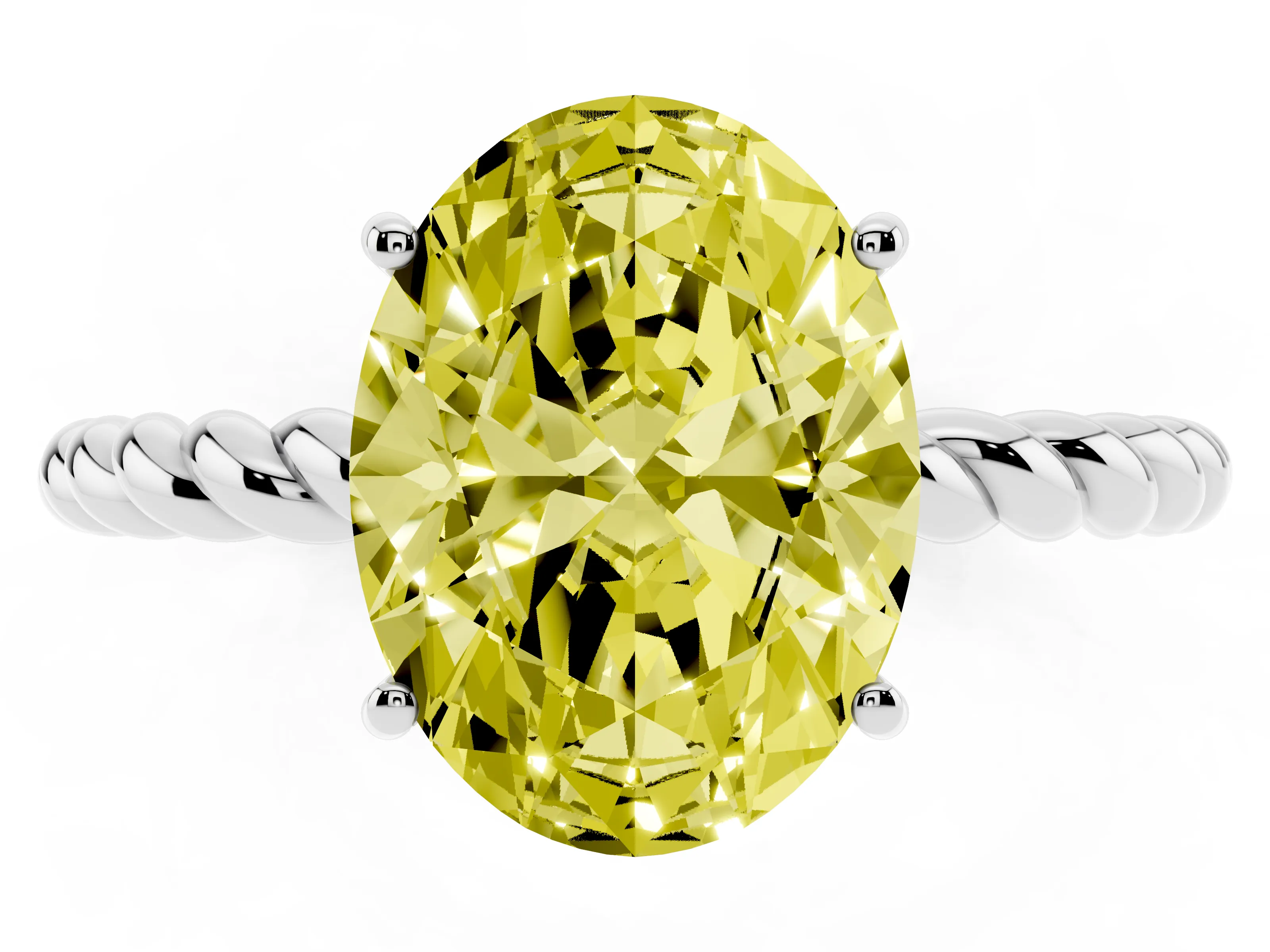 Fancy Yellow Oval Cut Diamond Solitaire Ring Set in Platinum with Twist Band and Prong Setting