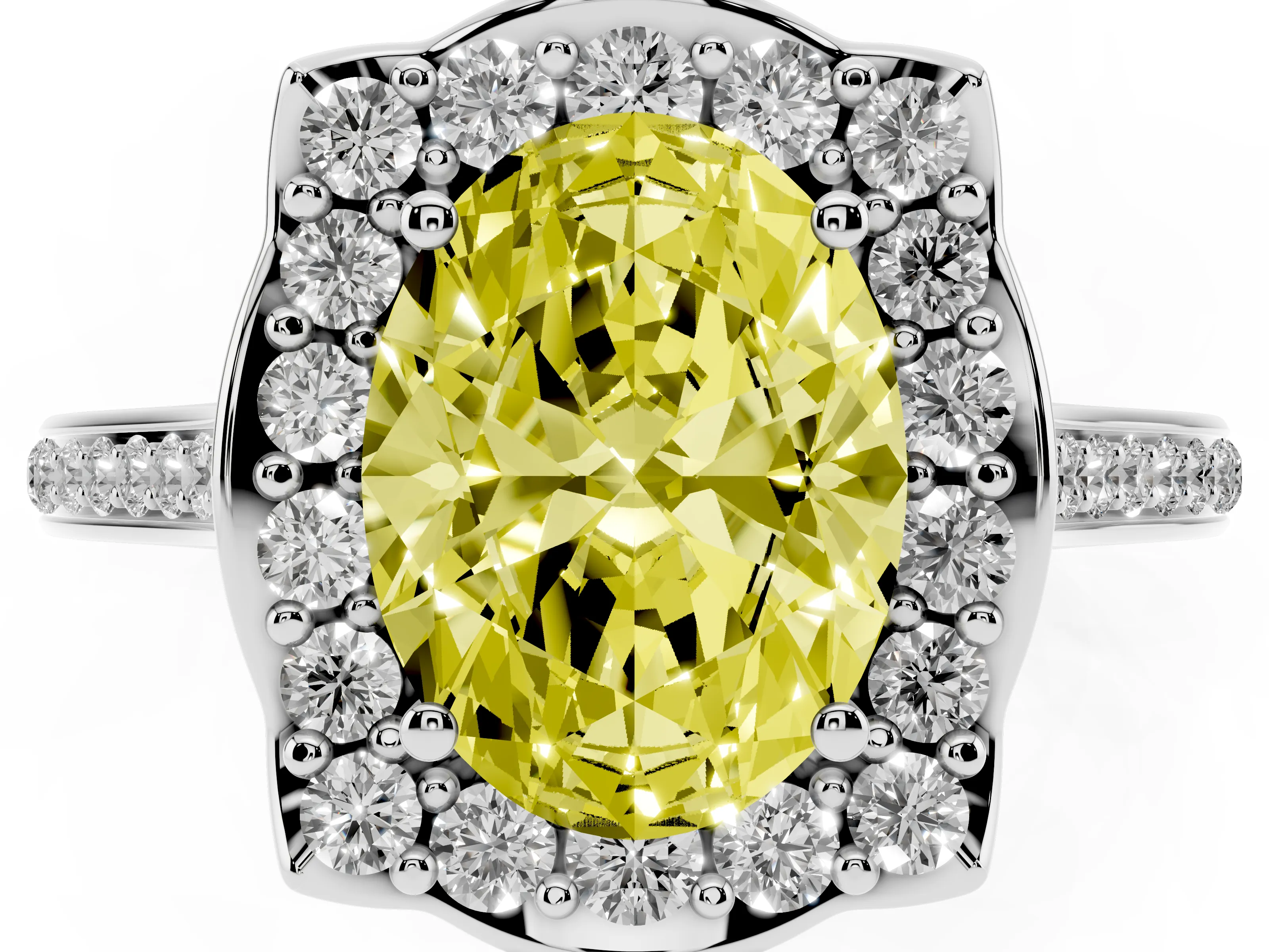 Fancy Yellow Oval Cut Diamond Halo Ring Set in Platinum with Pavé-Lined Shoulders and Prong Setting