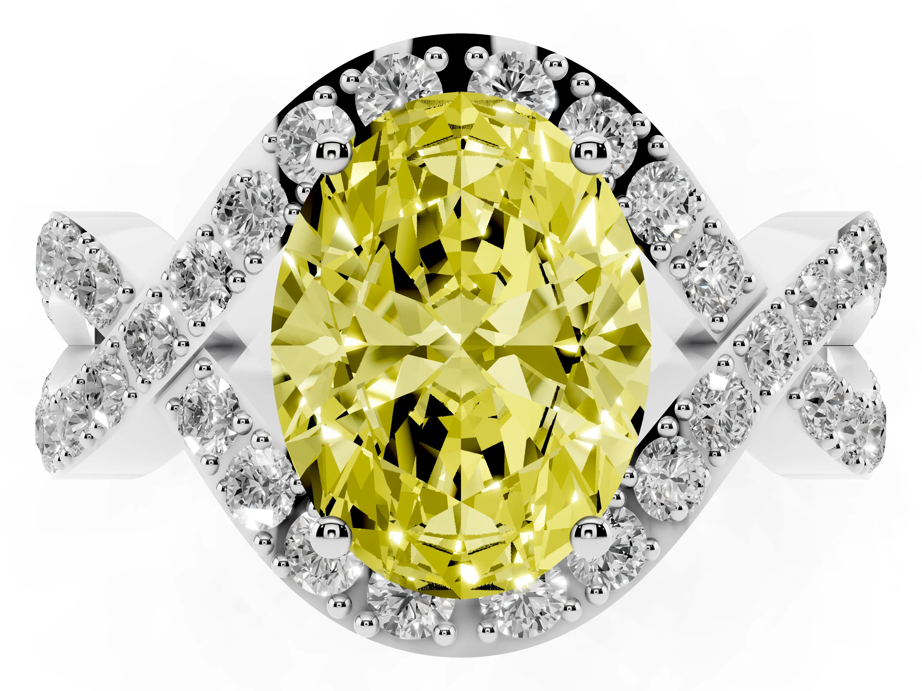 Fancy Yellow Oval Cut Diamond Solitaire Twist Band Pavé Engagement Ring Set in Platinum