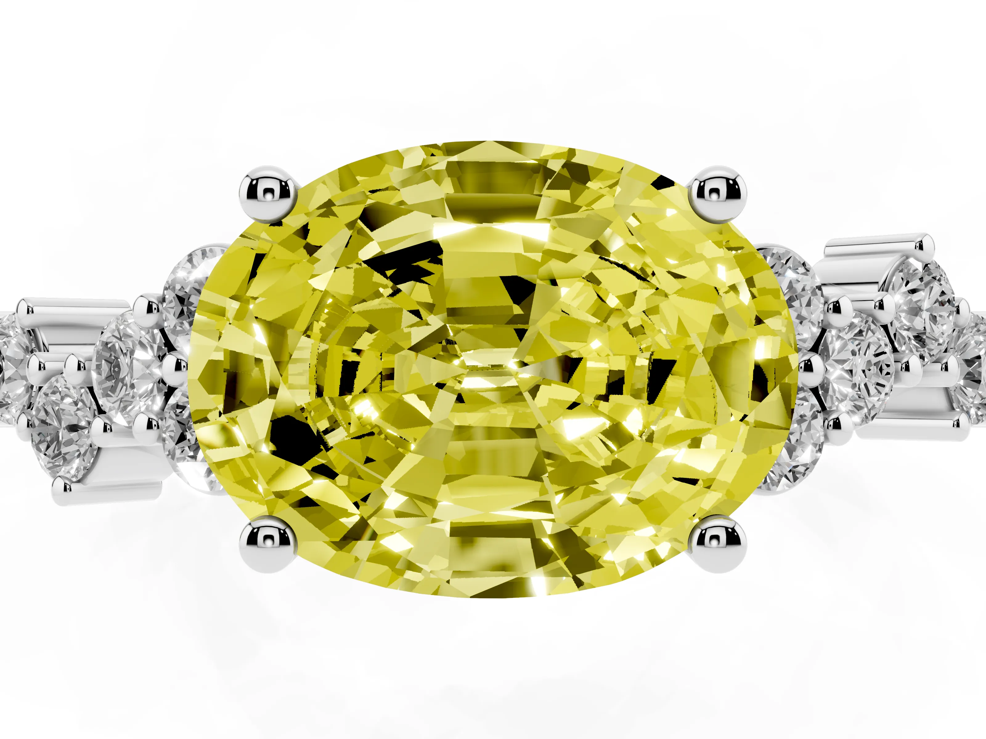Fancy Yellow Oval Cut Diamond Ring Set in White gold with Scattered Round Accents
