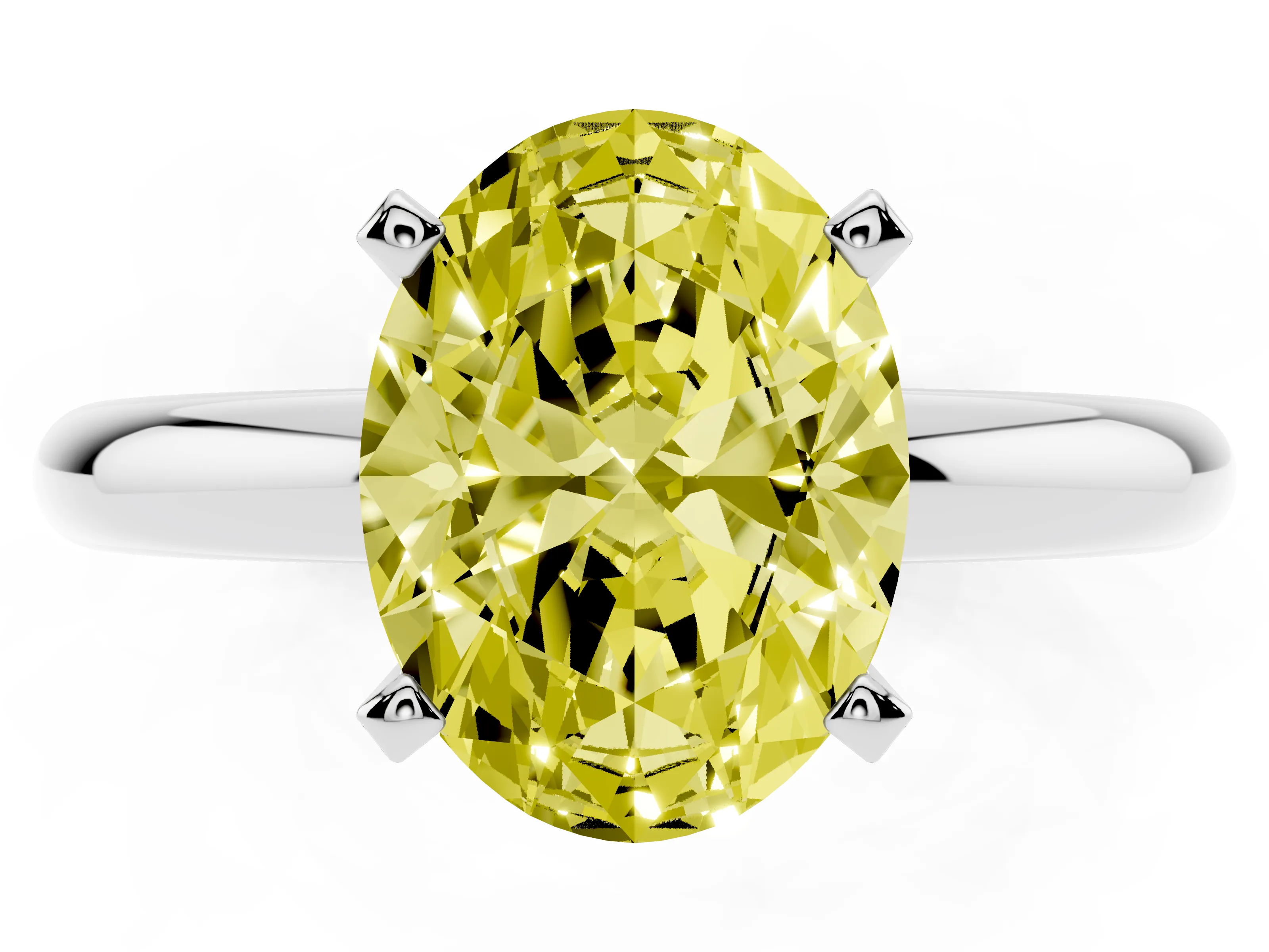 Fancy Yellow Oval Cut Diamond Solitaire Engagement Ring Set in White gold with Round Band and Prong Setting