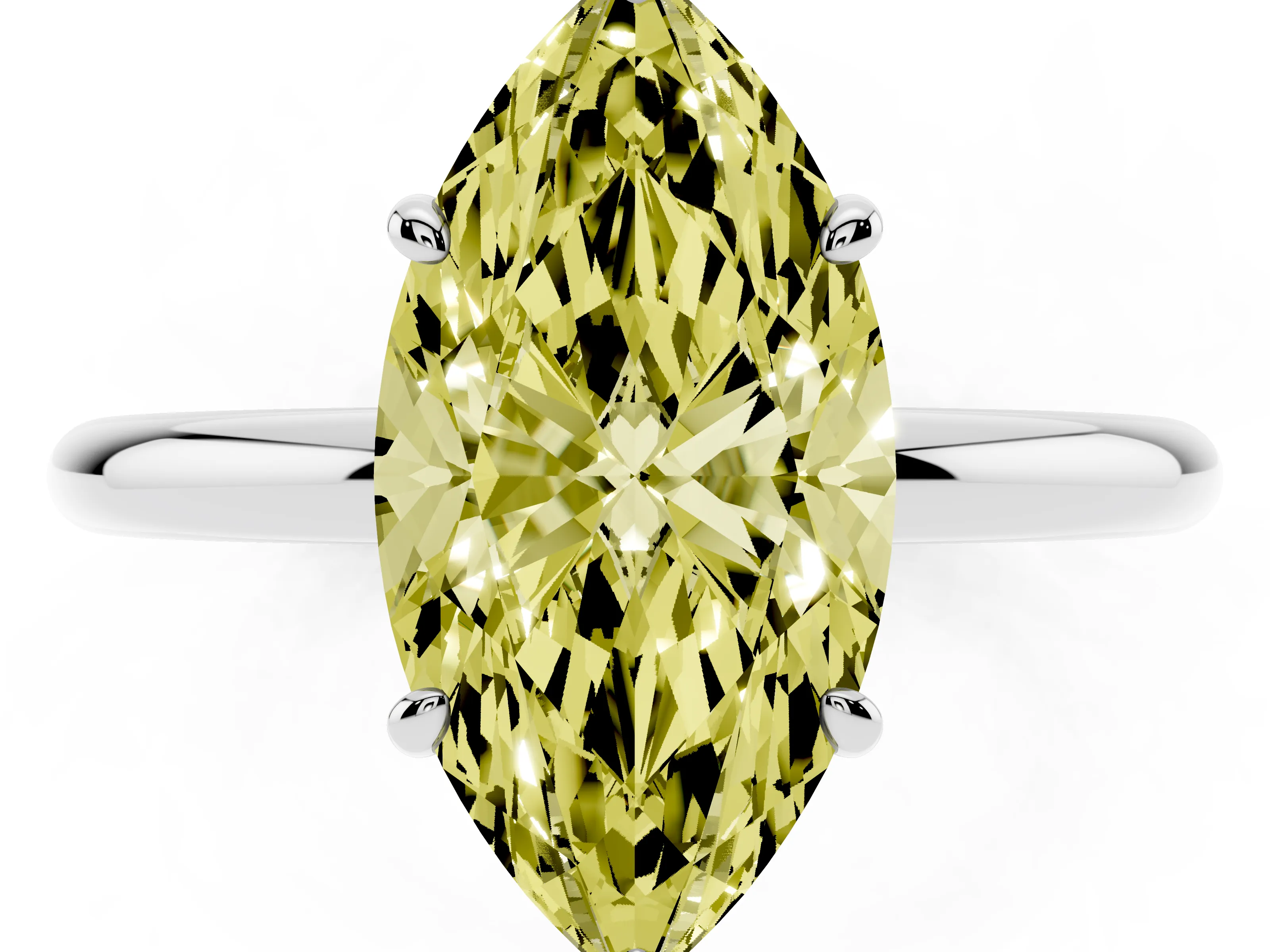 Fancy Yellow Oval Cut Diamond Solitaire Ring Set in White gold with Prong Setting on a Polished Plain Band