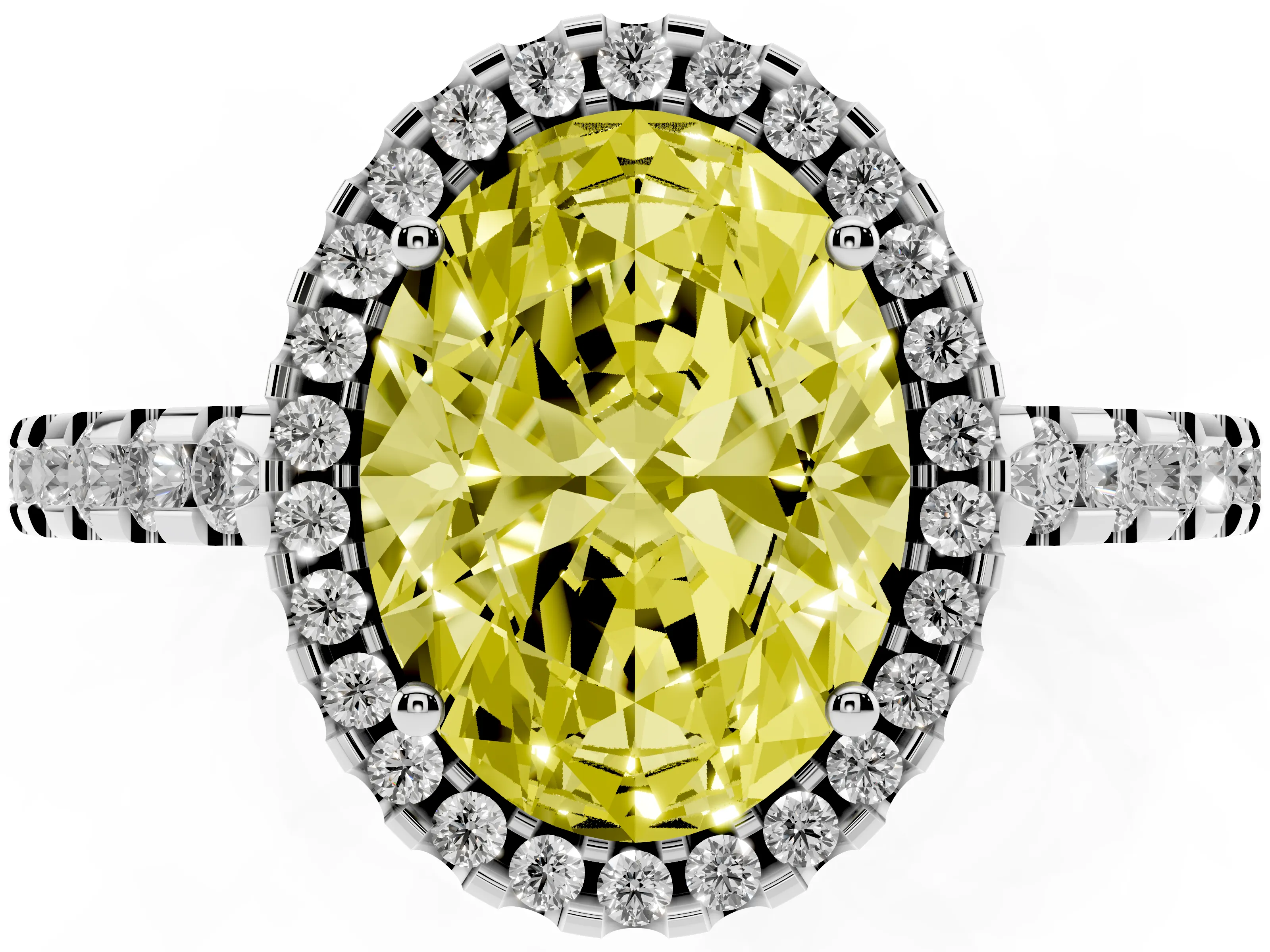 Fancy Yellow Oval Cut Diamond Halo Ring Set in Silver with Pavé Shoulders and Halo-Framed Center