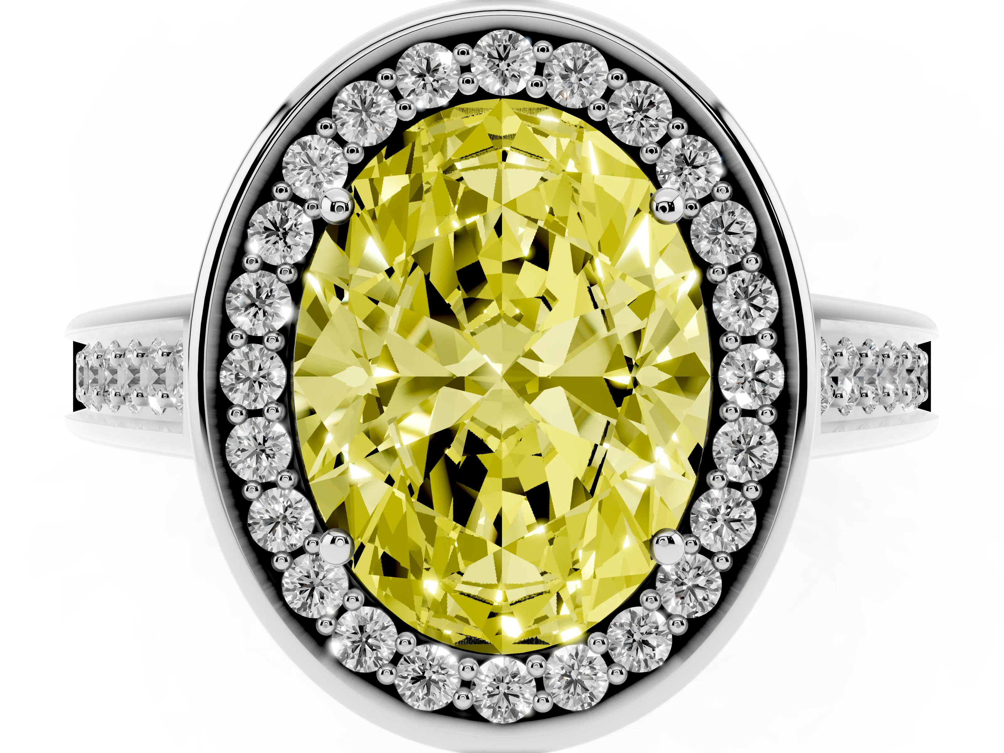 Fancy Yellow Oval Cut Diamond Halo Solitaire Ring Set in Platinum with Pavé Band and Bezel Setting