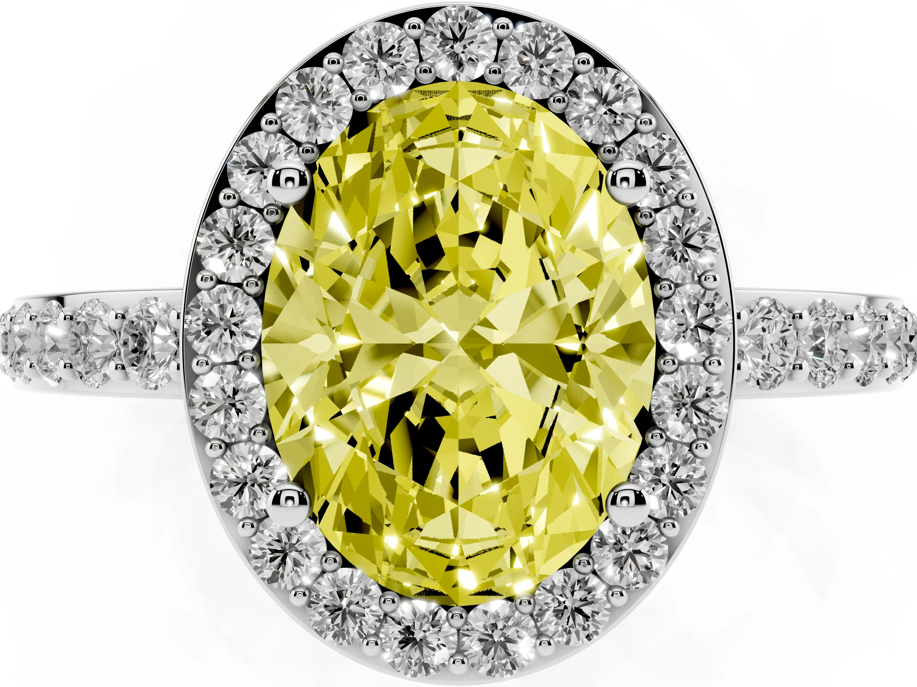 Fancy Yellow Oval Cut Diamond Halo Ring Set in White gold with Pavé-Setting Band and Open Prong Center