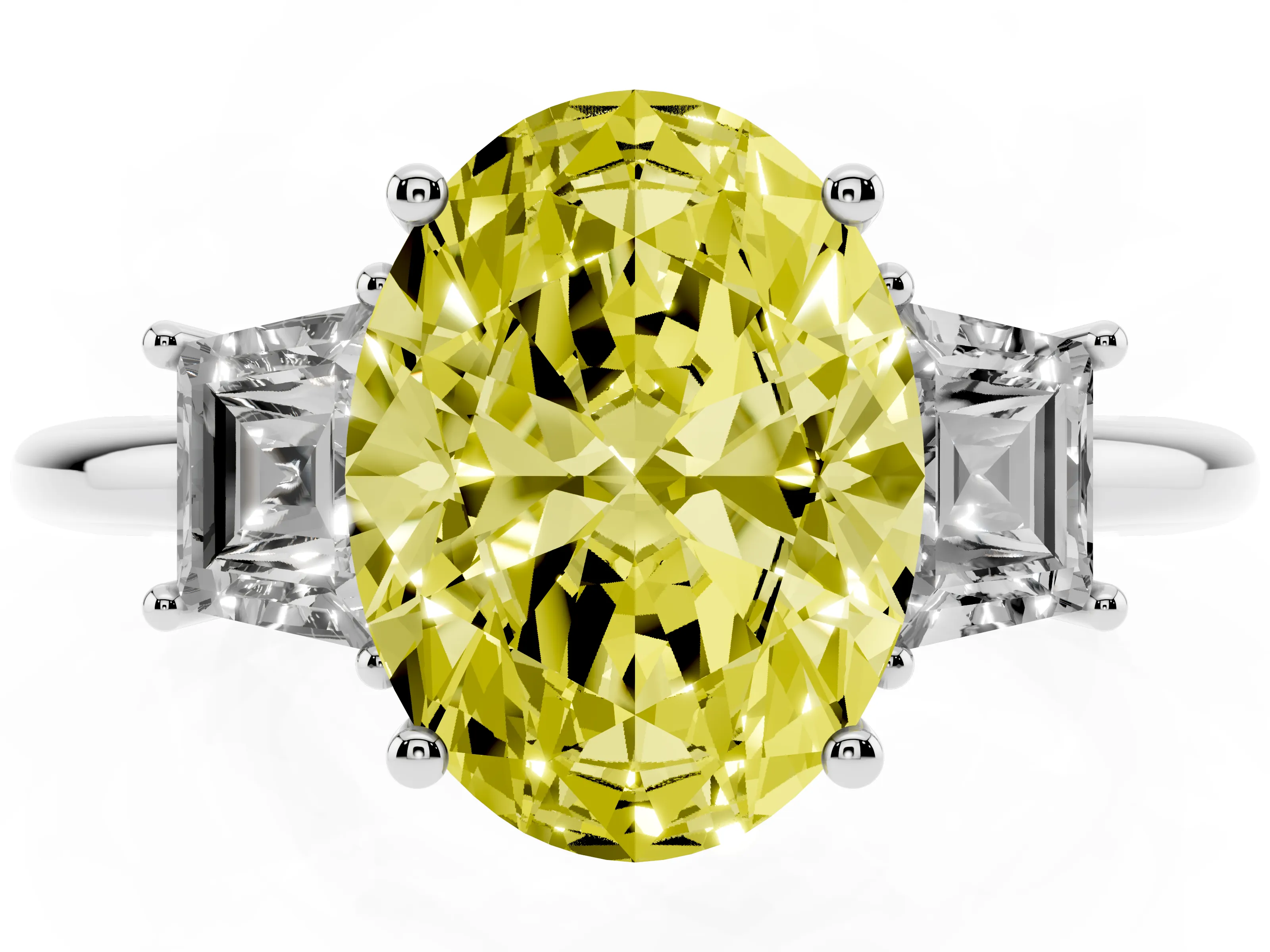 Fancy Yellow Oval Cut Diamond Three-Stone Ring Set in White gold with Trapezoid Side Stones and Prong Setting