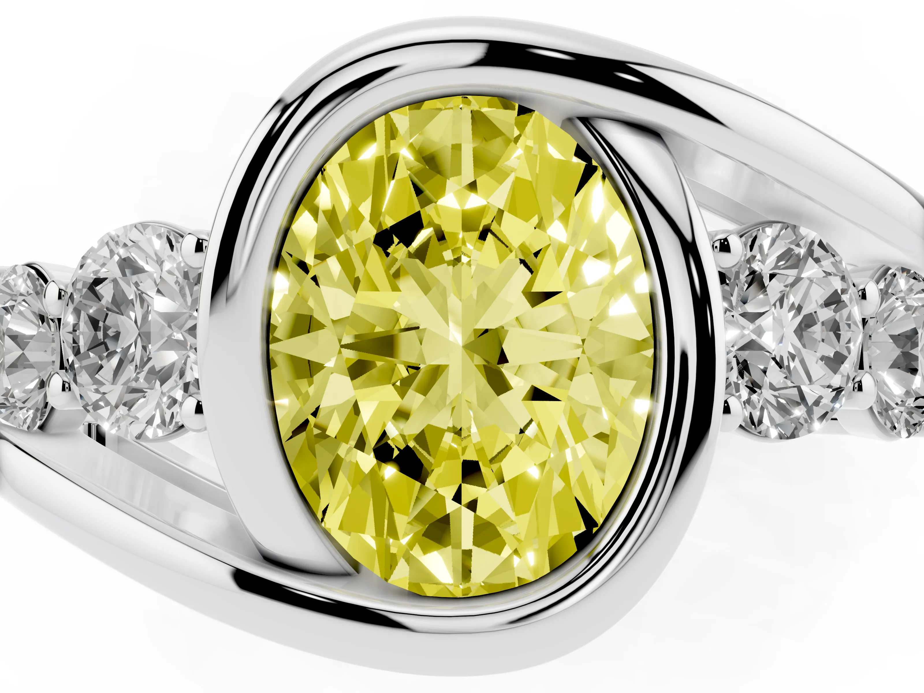 Fancy Yellow Oval Cut Diamond Bezel Bypass Ring Set in Silver with Round Accents