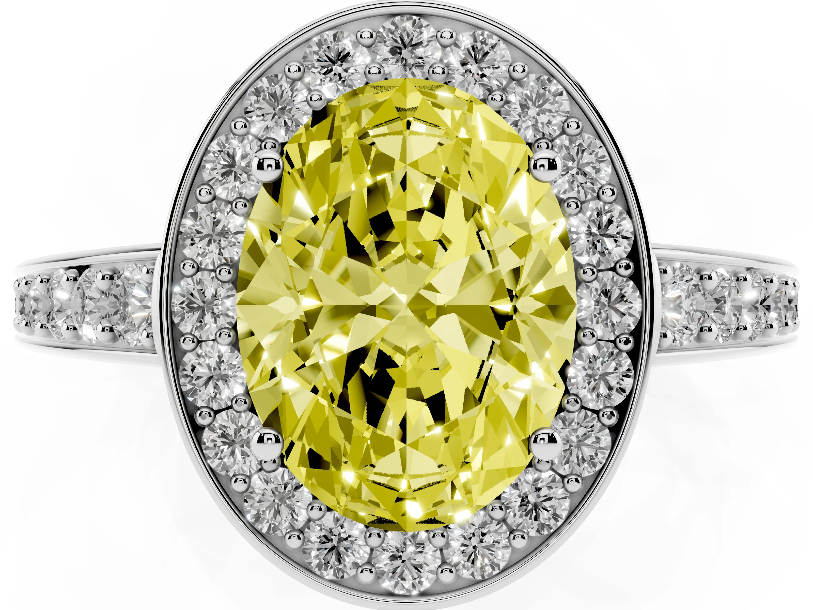 Fancy Yellow Oval Cut Diamond Halo Pavé Engagement Ring Set in Silver with Bezel Setting