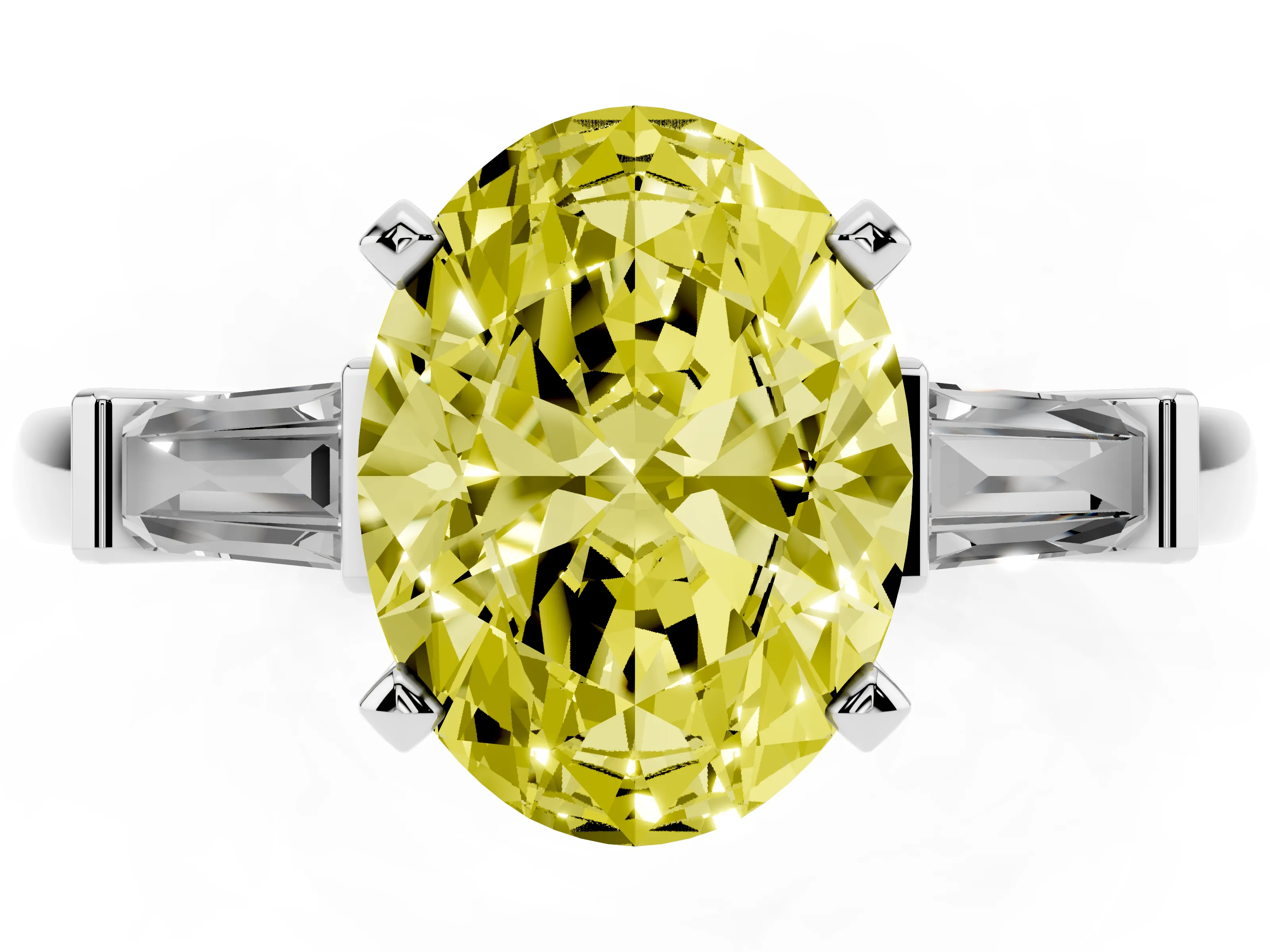 Fancy Yellow Oval Cut Diamond Solitaire Ring Set in White gold with Tapered Baguette Accents and Prong Setting