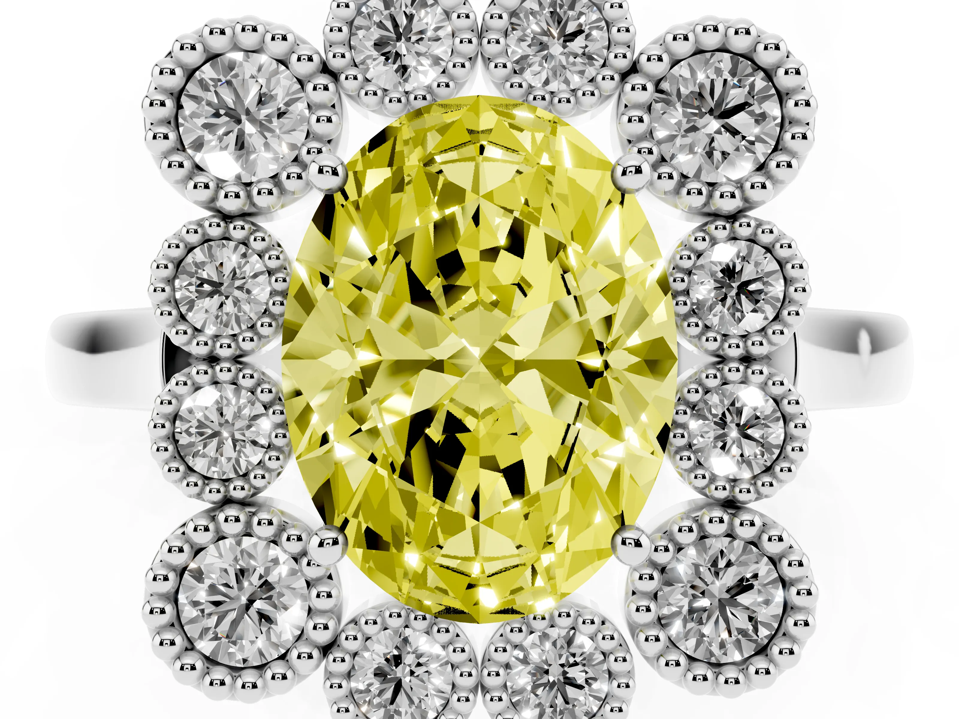 Fancy Yellow Oval Cut Diamond Cluster Halo Ring Set in White gold with Milgrain Bezel Accents and Plain Band