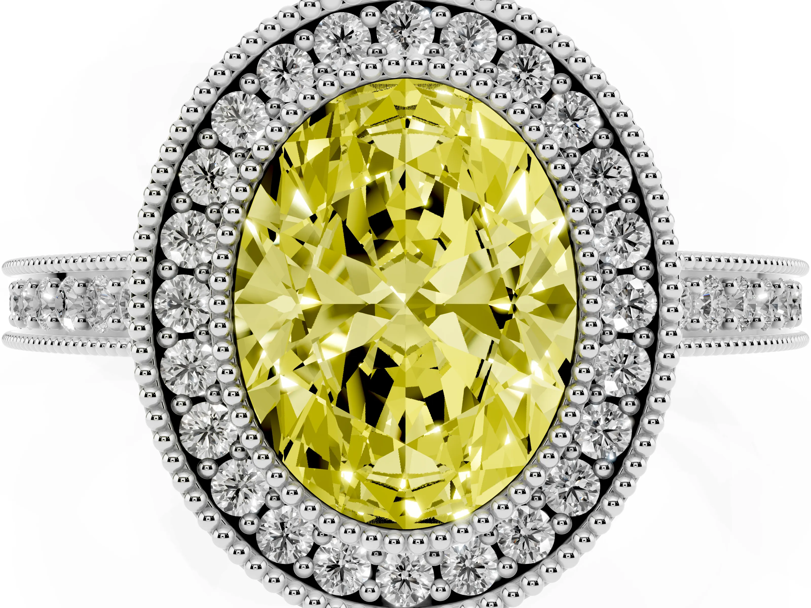 Fancy Yellow Oval Cut Diamond Round Halo Ring Set in White gold with Pavé Band