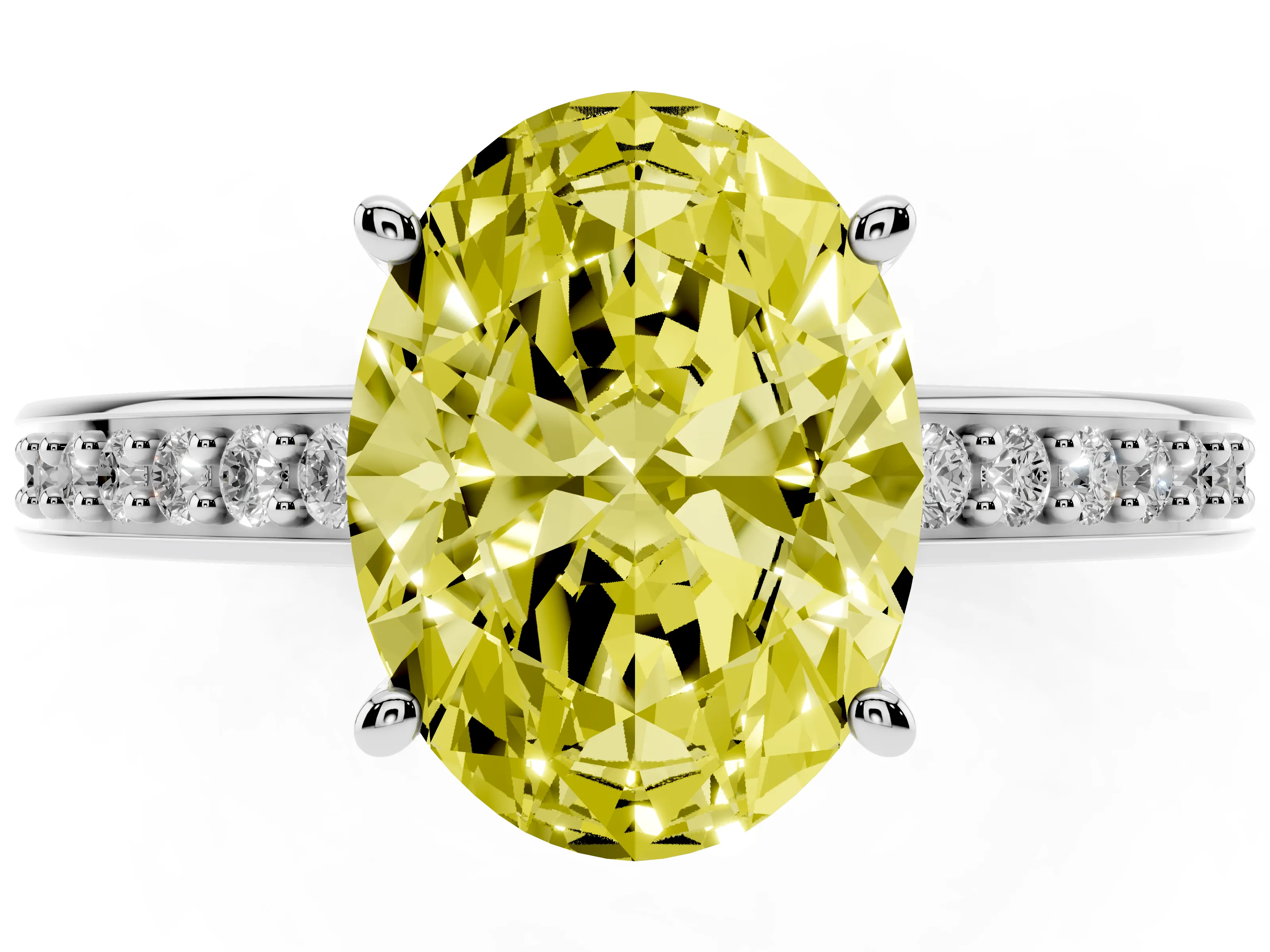 Fancy Yellow Oval Cut Diamond Pavé Band Prong Set Solitaire Ring Set in Silver