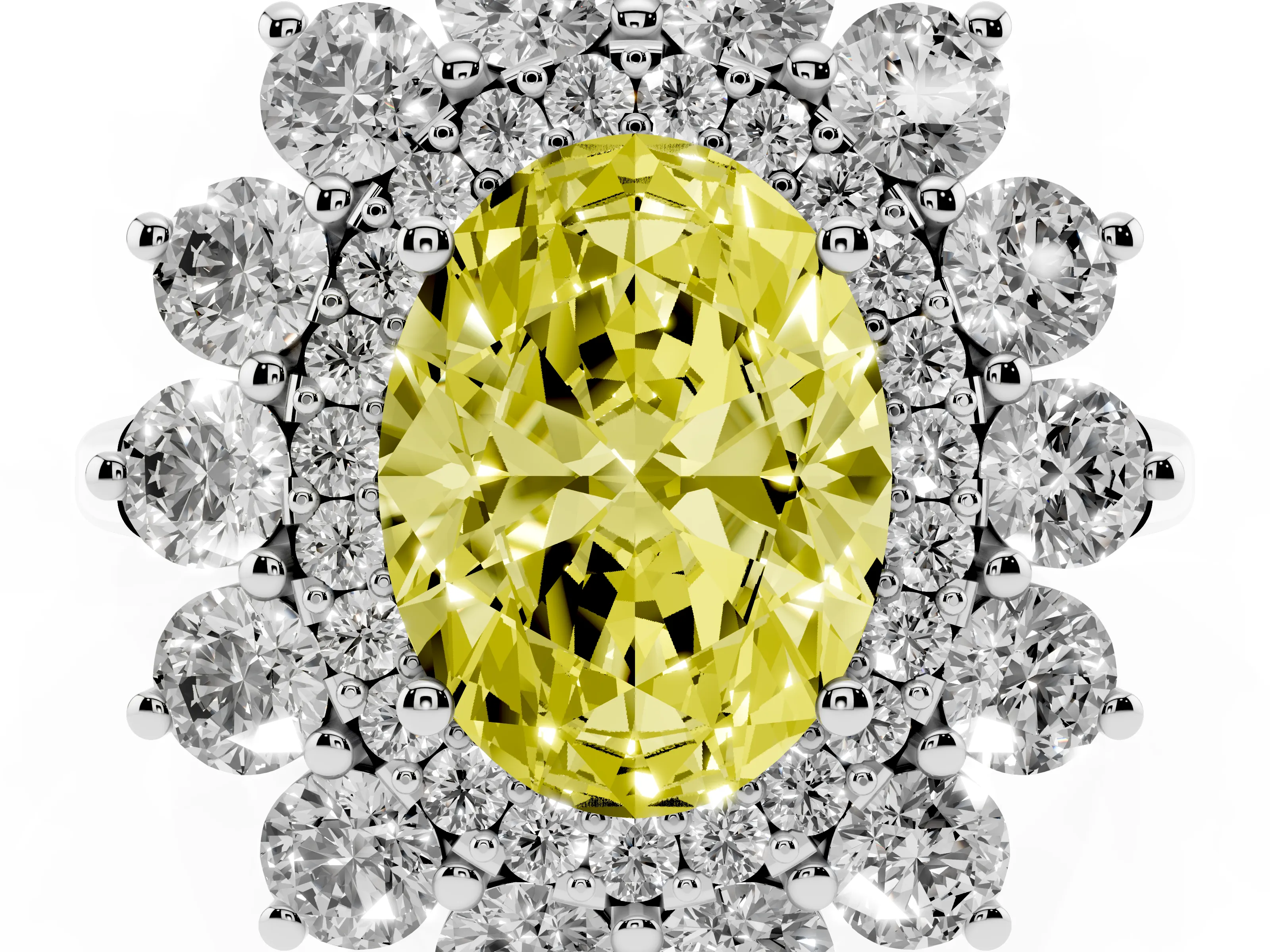 Fancy Yellow Oval Cut Diamond Floral Double Halo Ring Set in Platinum with Round Petals
