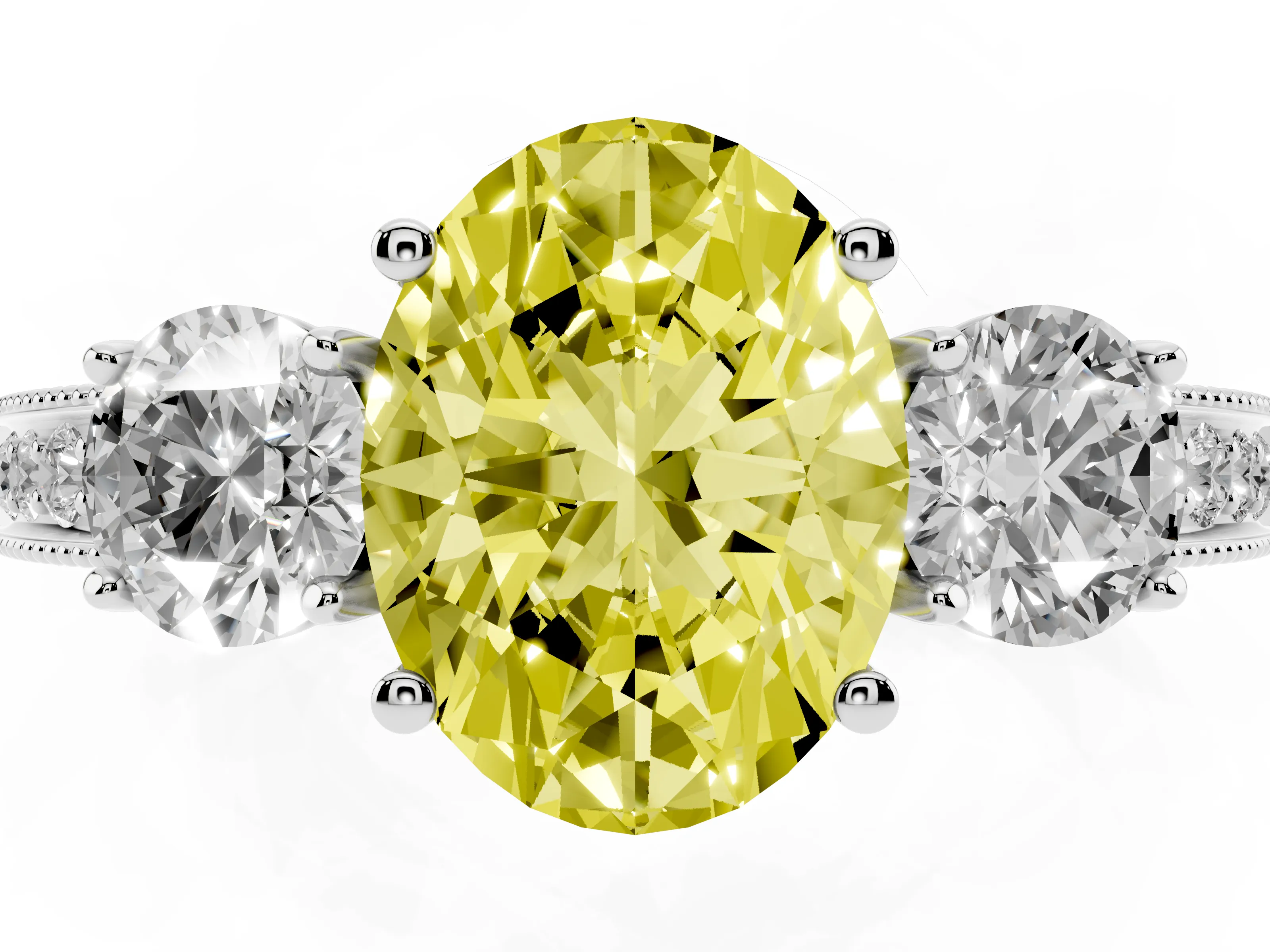 Fancy Yellow Oval Cut Diamond Three-Stone Ring Set in Silver with Round Side Stones and Pavé Band
