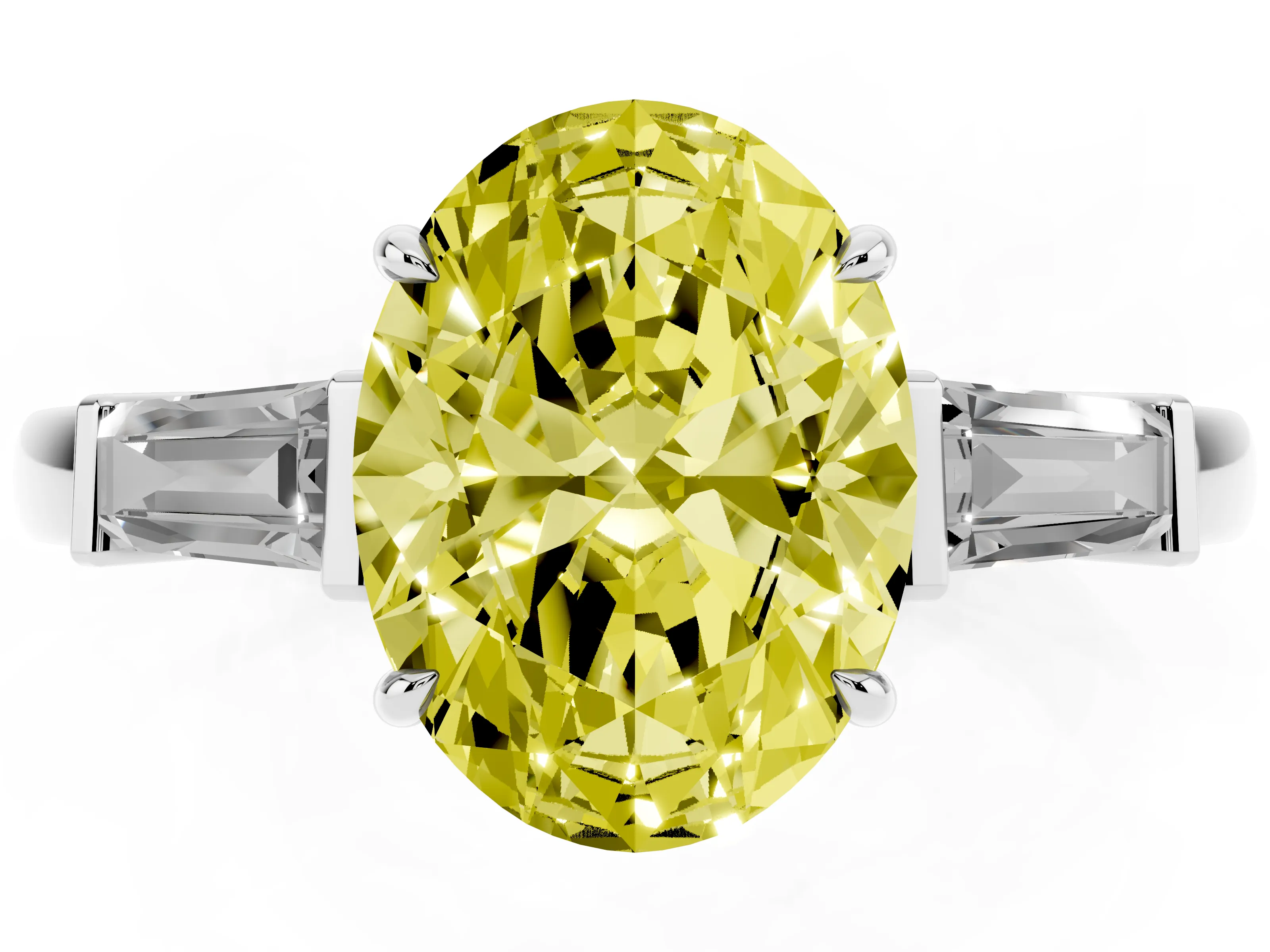 Fancy Yellow Oval Cut Diamond Three-Stone Ring Set in Silver with Tapered Baguette Side Stones and Prong Setting