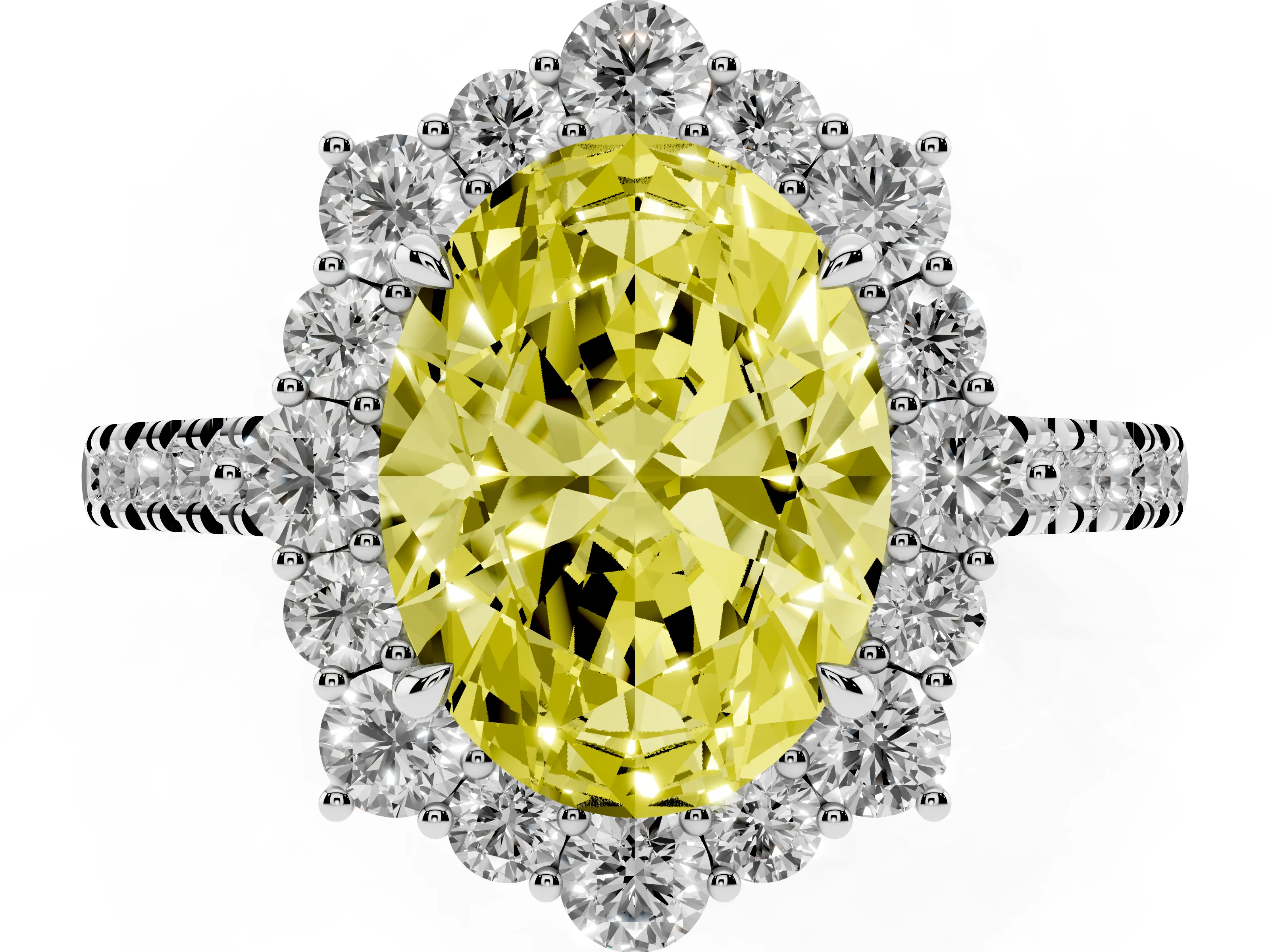 Fancy Yellow Oval Cut Diamond Halo Ring Set in Silver with Pavé Band and Prong Setting