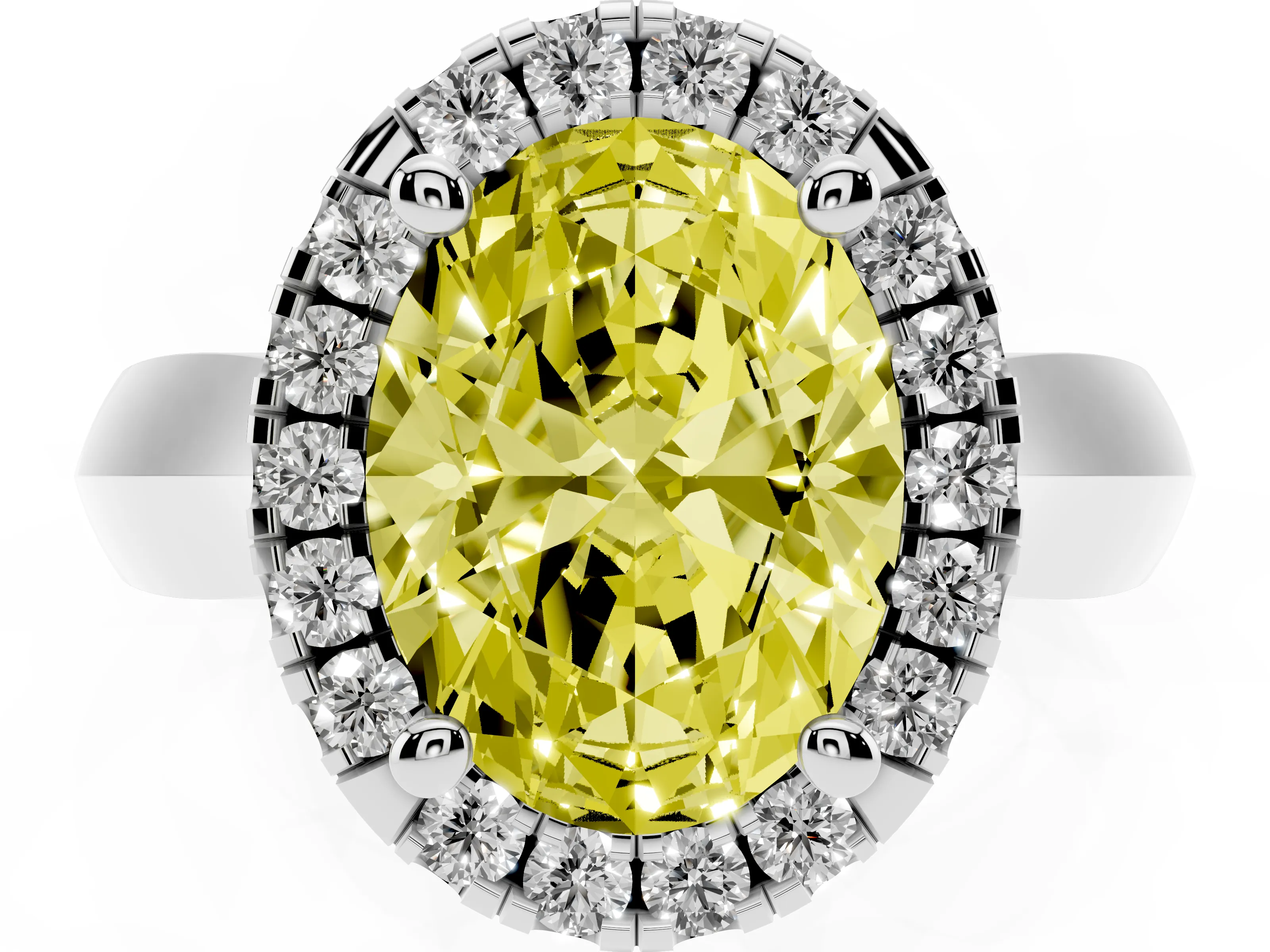 Fancy Yellow Oval Cut Diamond Halo Solitaire Engagement Ring Set in Silver with Square Band and Prong Setting