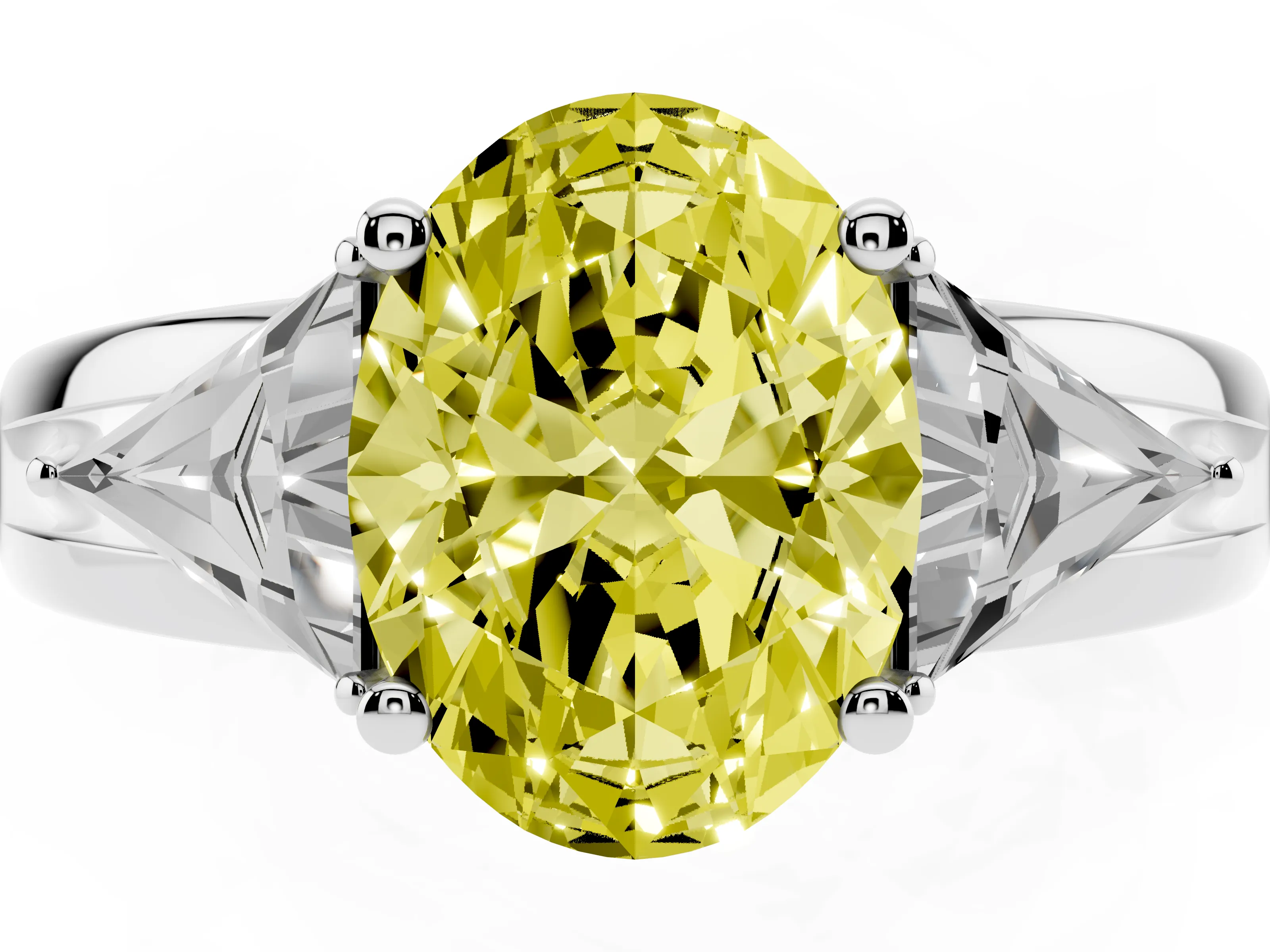 Fancy Yellow Oval Cut Diamond Three-Stone Ring Set in White gold with Trillion Side Stones and Split Shank
