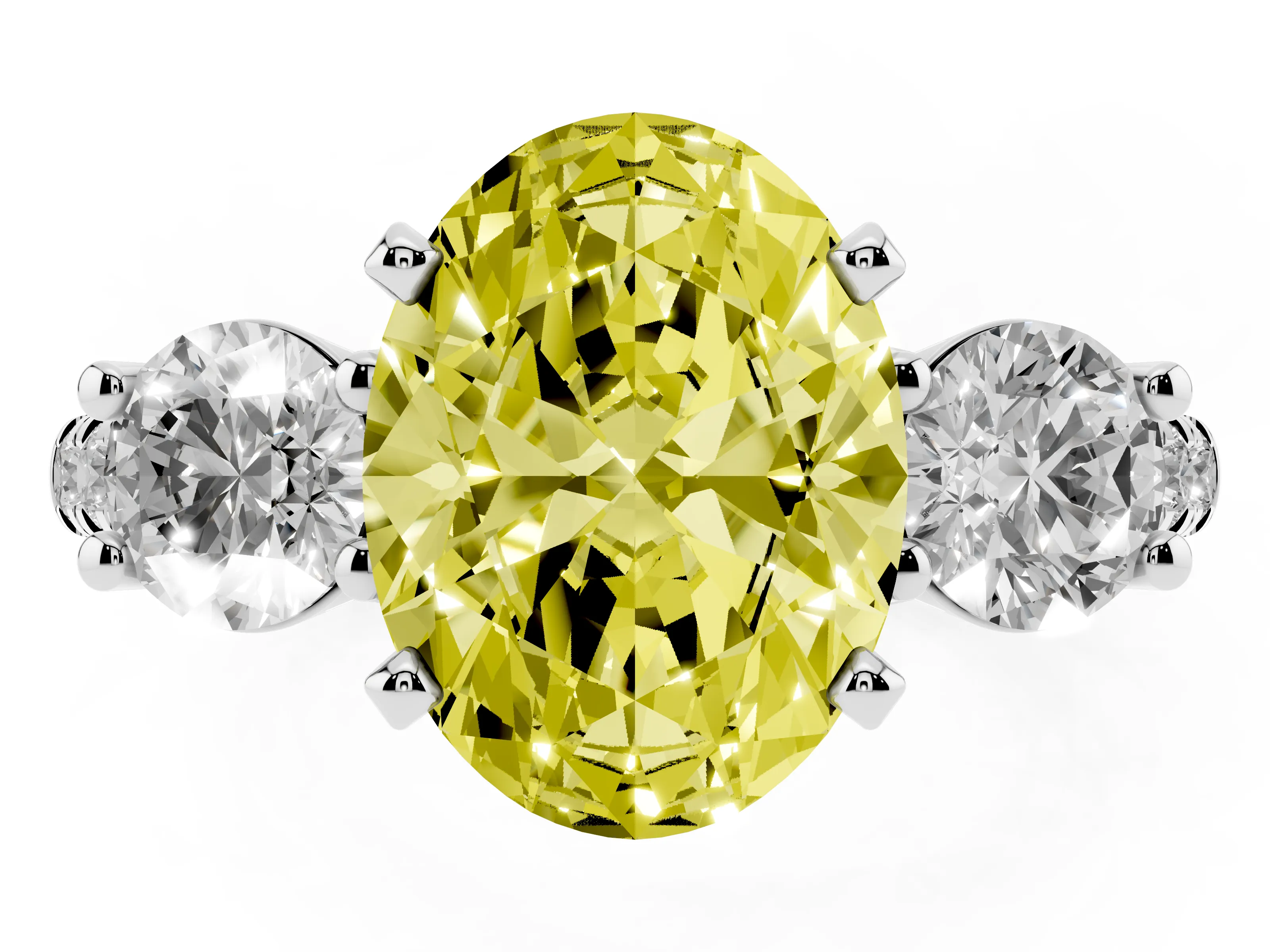 Fancy Yellow Three-Stone Oval Cut Diamond Pavé Band Ring Set in Platinum with Prong-Set Trio