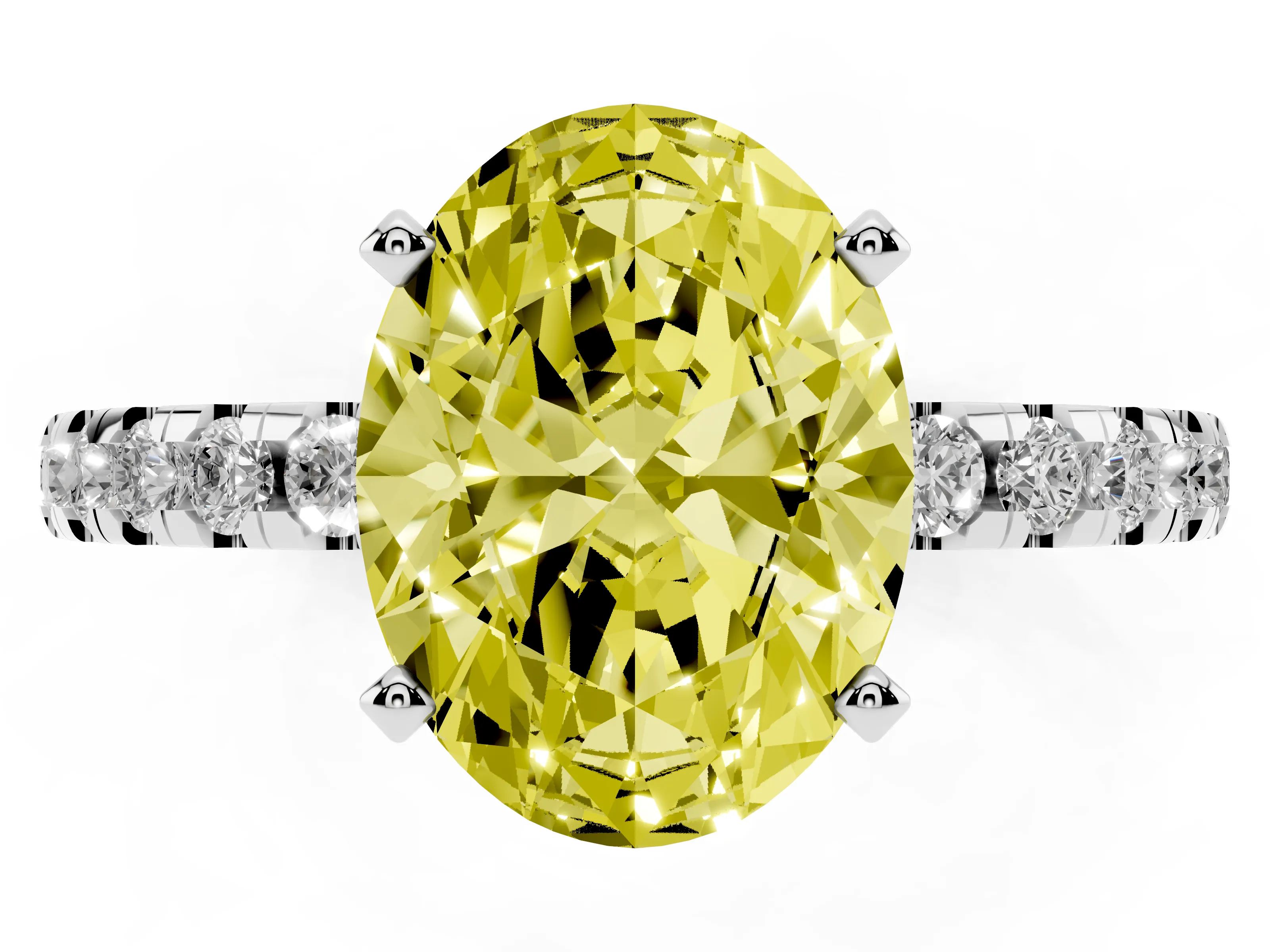 Fancy Yellow Oval Cut Diamond Pavé Solitaire Ring Set in Silver with Round Band Accents and Prong Setting