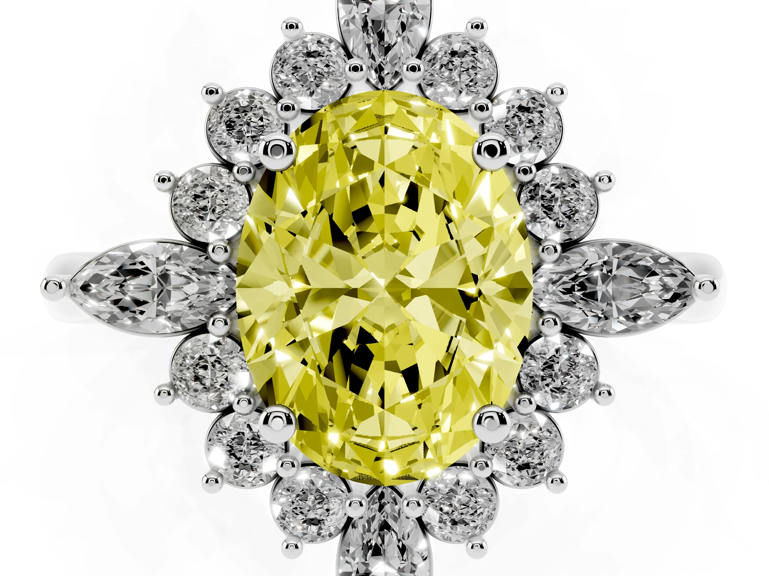 Fancy Yellow Oval Cut Diamond Cluster Halo Ring Set in White gold with Marquise and Round Accents